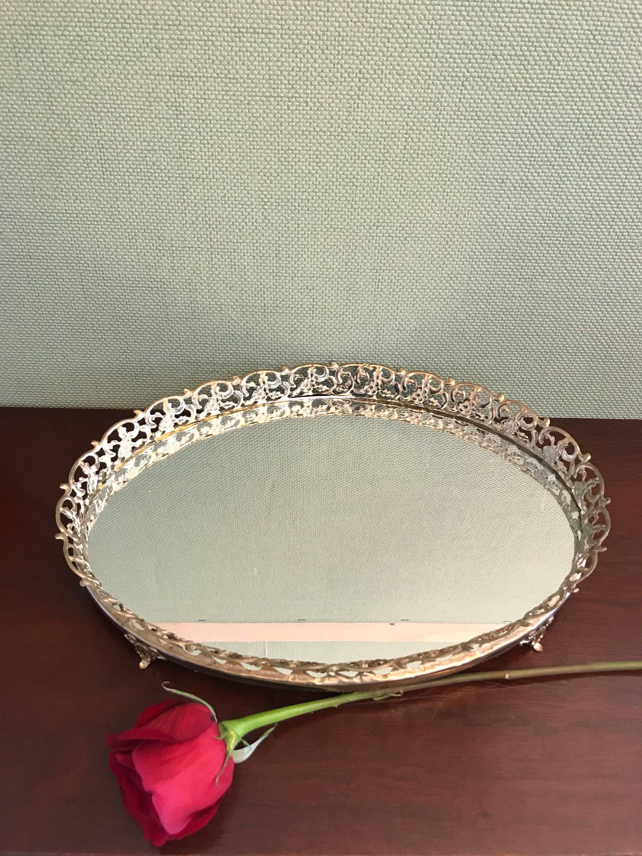 Oval Vanity Mirror Tray, Gold Filigree Mirror Tray, oval shaped Tray