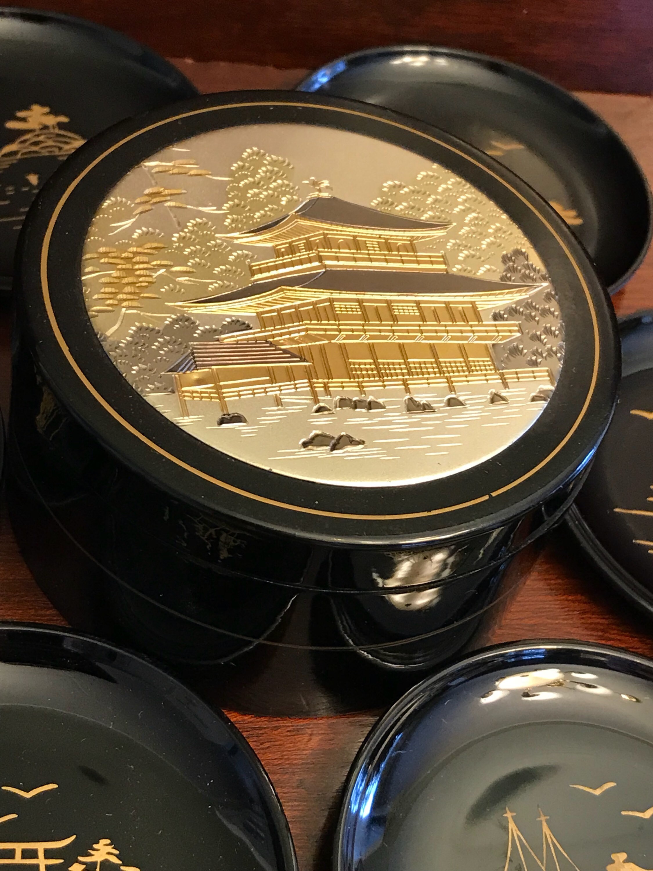 Asian Coaster set, Japanese Coasters in case, etched metal lid, set of