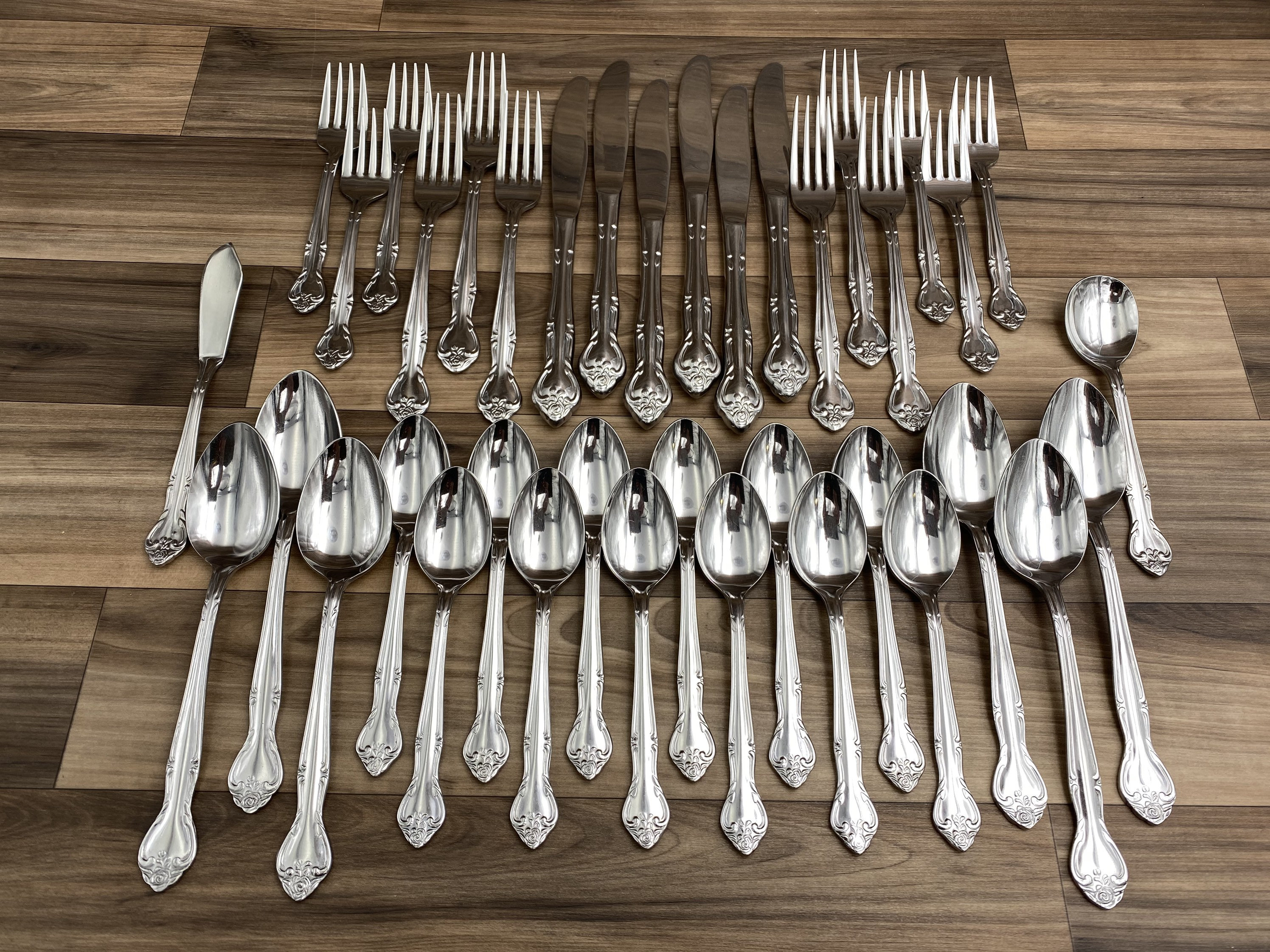 Vintage Stainless Flatware Set, Rose pattern Service for 6, Classic