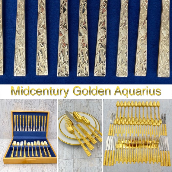 Vintage Flatware Set Golden Aquarius with Silverware Chest, Rare Service for 12, Mid Century geometric  silverware set, gift for her