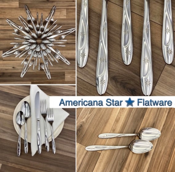 Americana Star Flatware set, Mid Century Celestial Flatware, Vintage Silverware Set, Patriotic Decor