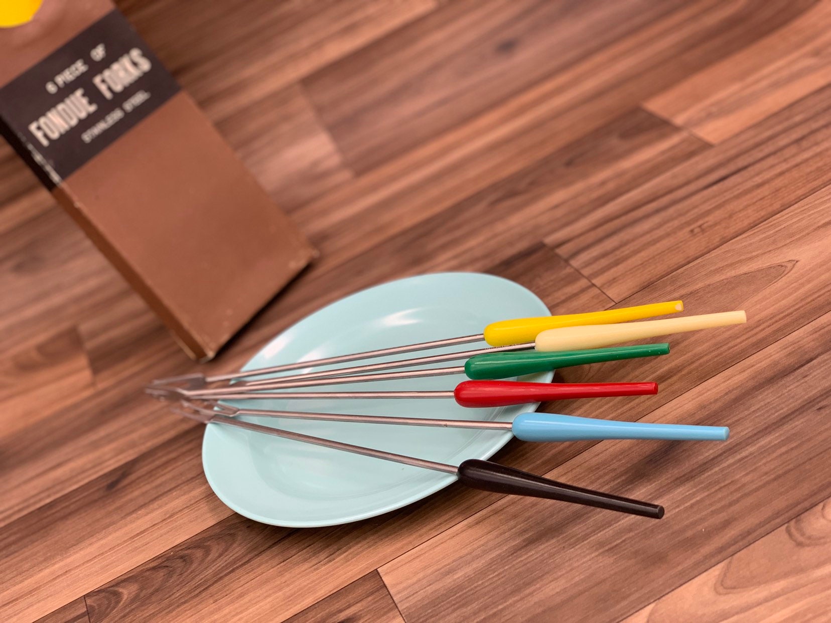 Vintage Fondue Forks, Retro Colored Plastic handles stainless steel