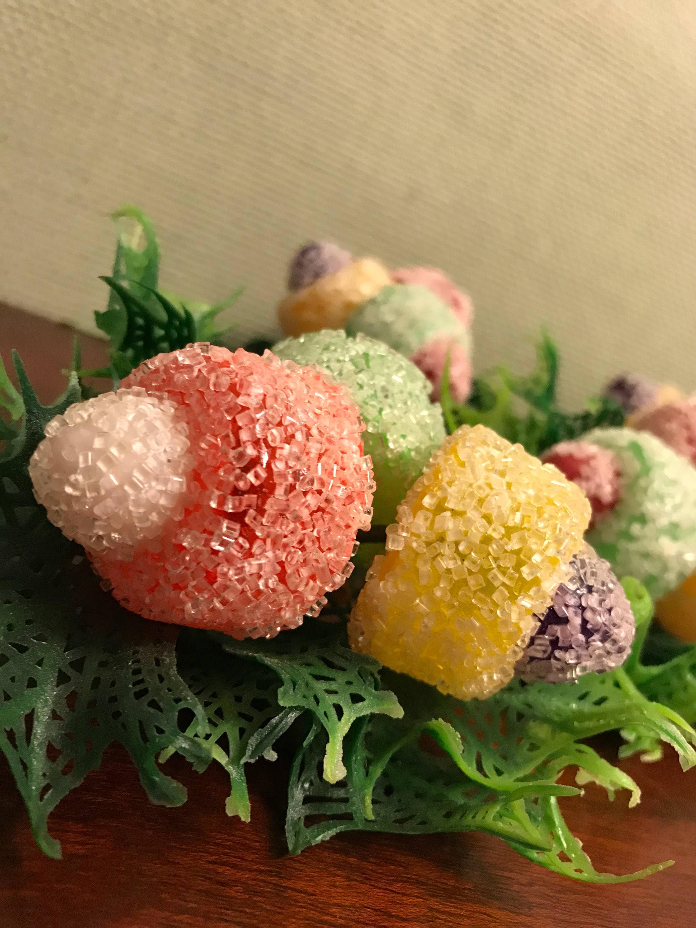 Vintage Candy and Holly leaf floral picks, sugared candy Holiday decor