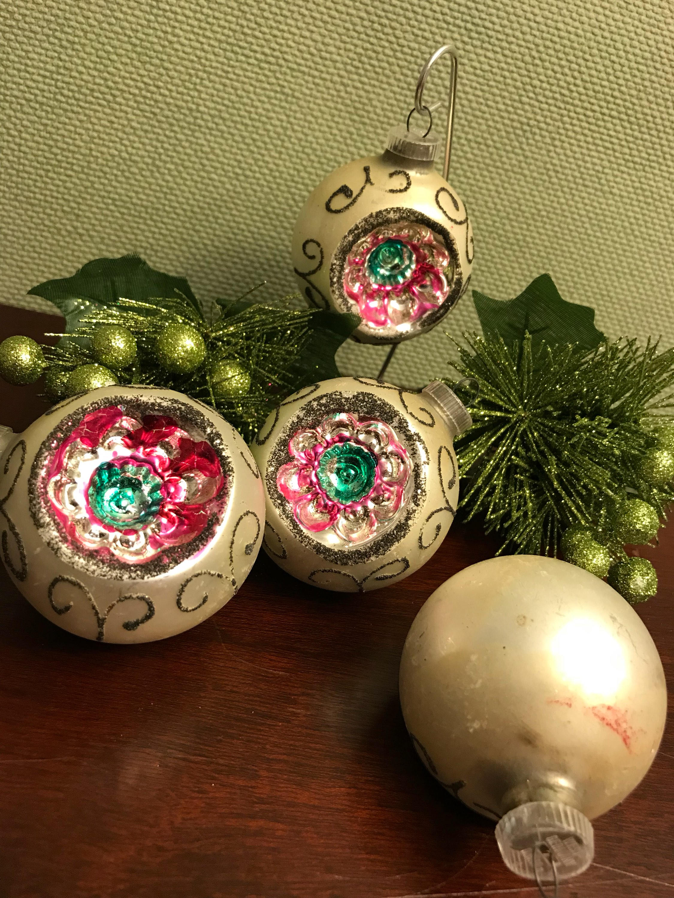 Vintage Christmas Ornaments, Silver Mica ornaments, Mid Century