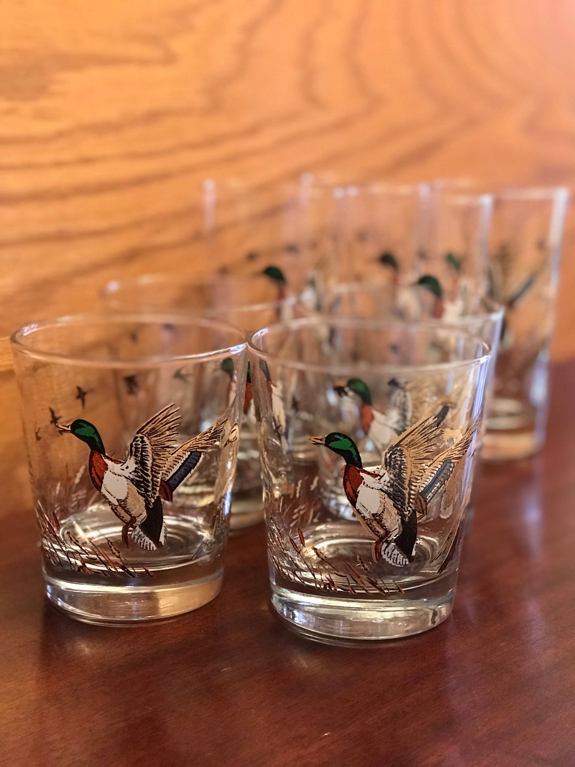 Highball Glasses Etched Mallard Duck Tumbler Drinking Reeds Clouds