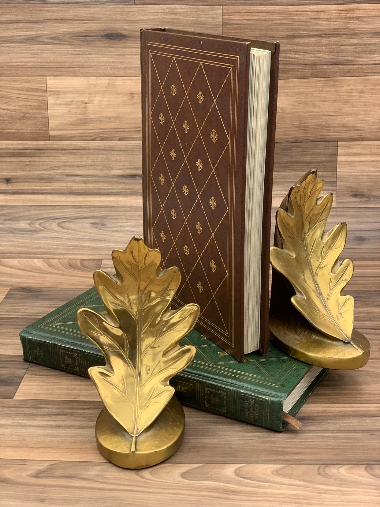 Vintage Oak Leaf Bookends, PM Craftsman Bronze Bookends, Library decor