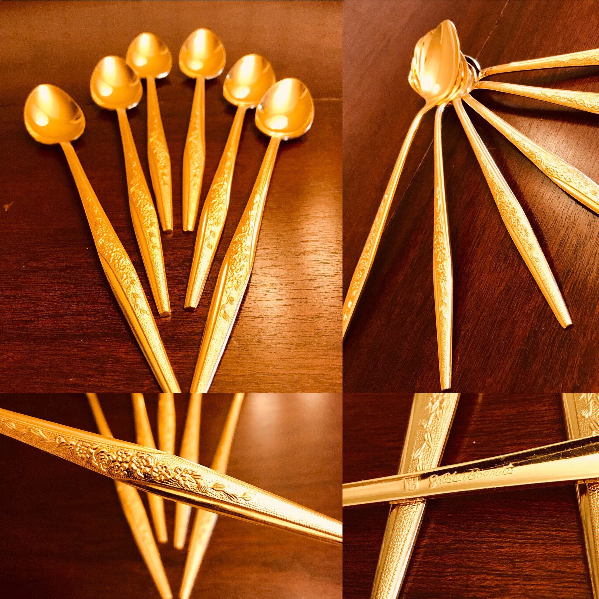 Golden Iced Tea Spoons, Golden Bouquet Spoons, set of 6 Iced Tea Spoons