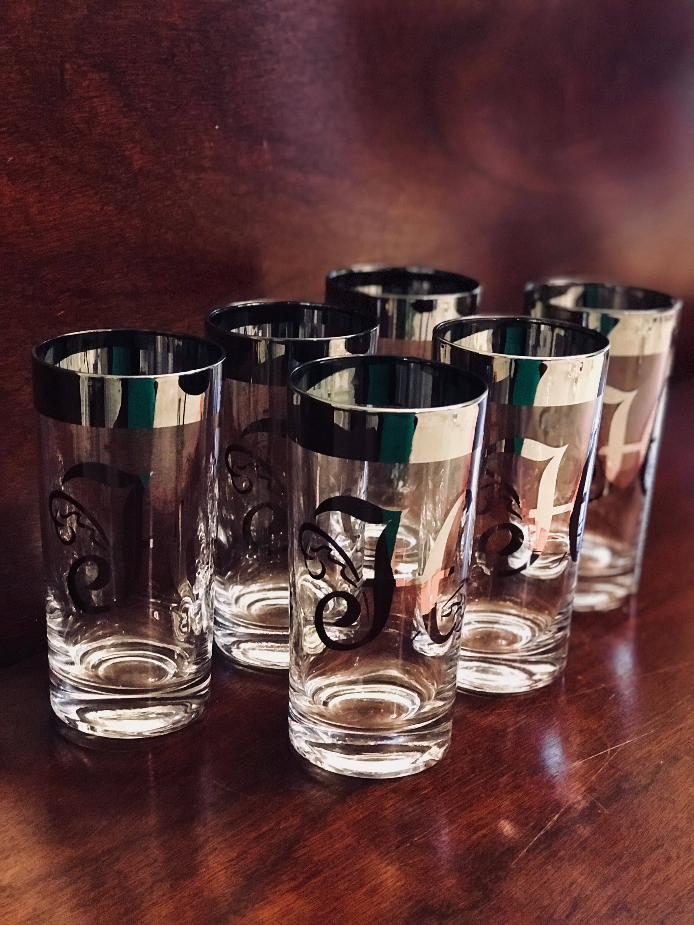 Mid Century Modern Monogrammed Glass Set, M Monogram Silver Drink ware