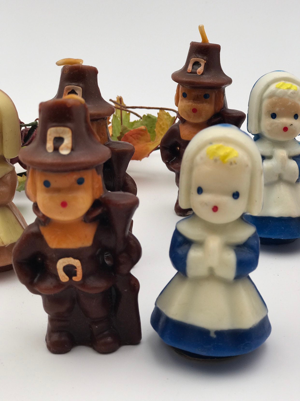 Vintage Pilgrim Thanksgiving Candles by Gurley, Large set of Figural