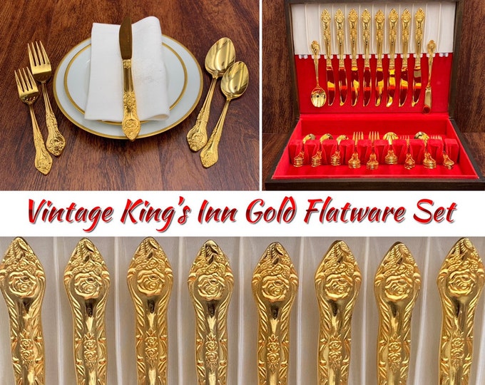 Gold Flatware Set With Silverware Chest, Service for 8 With Serving