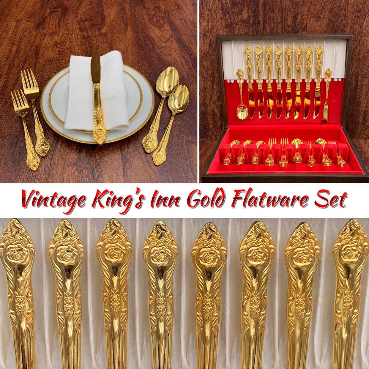 thumbnail image 2 of 16 Pieces Cutlery Set Gold PVD Stainless Steel Flatware Set With Knife Spoon Fork Service For 4 Mirror Polish & Dishwasher Safe@Gold+Black_24pcs 2 of 9