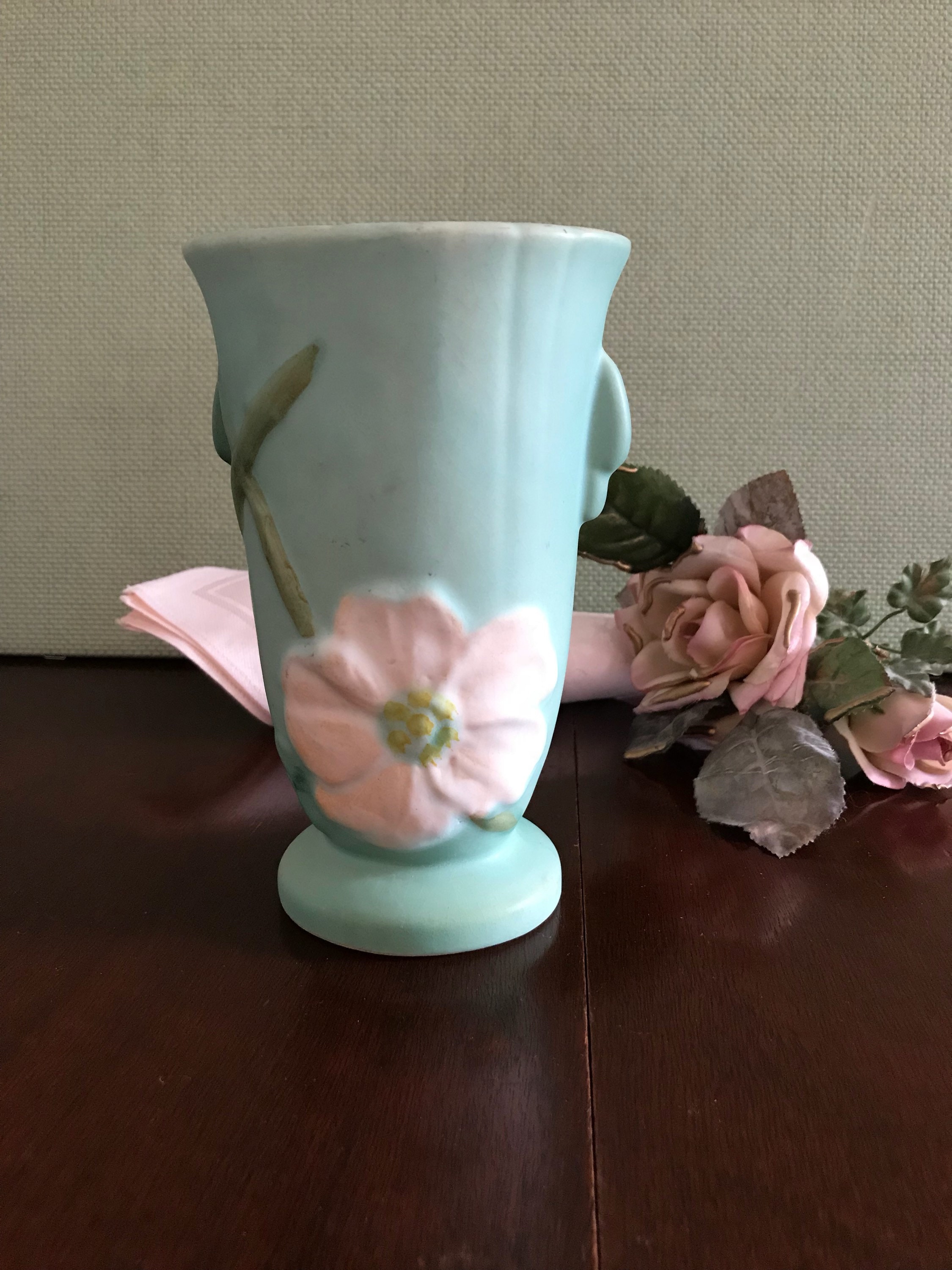 Vintage Weller Pottery Vase, wild rose ceramic vase, mint green Ceramic