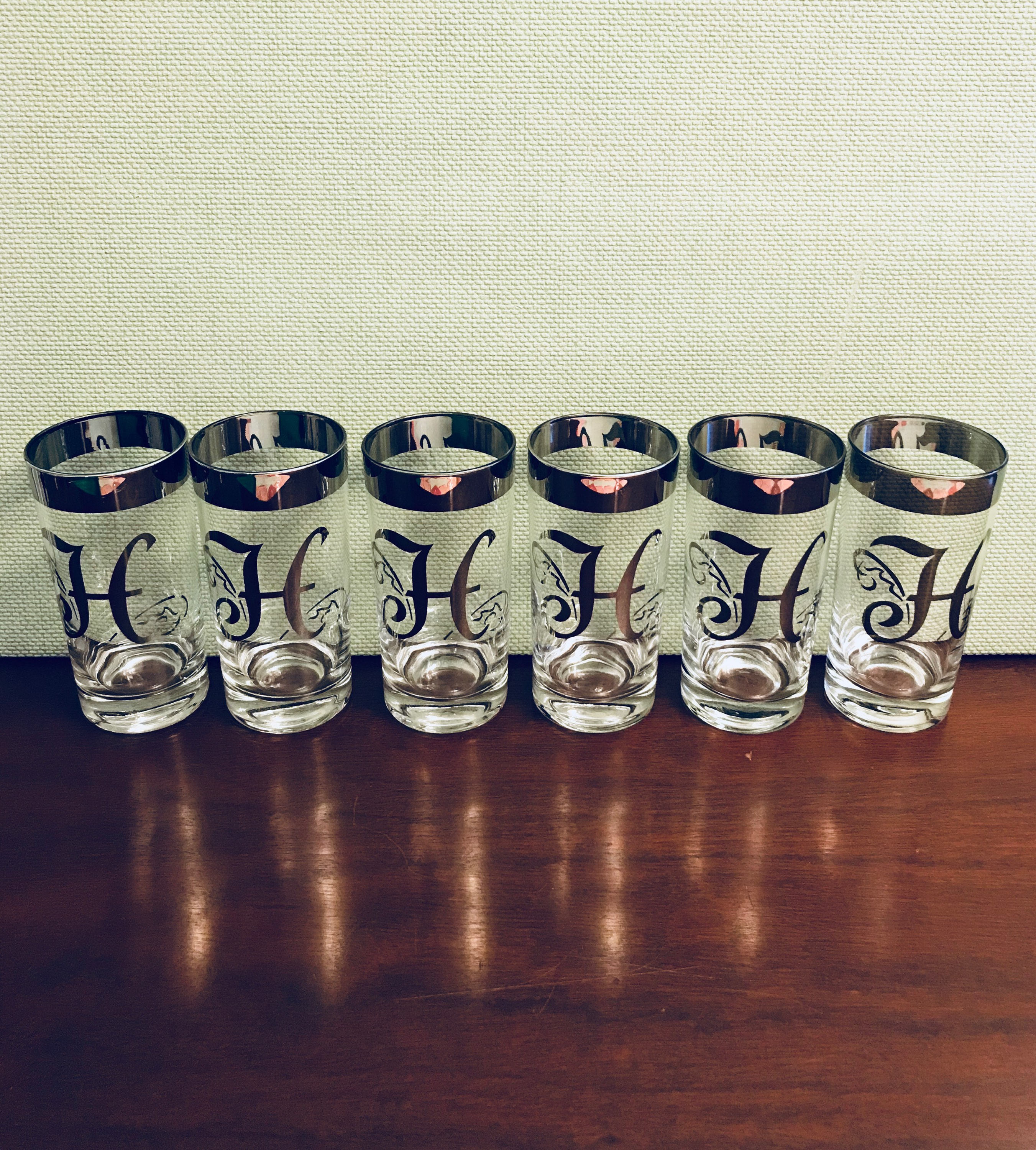 Mid Century Modern Monogrammed Glass Set, M Monogram Silver Drink ware