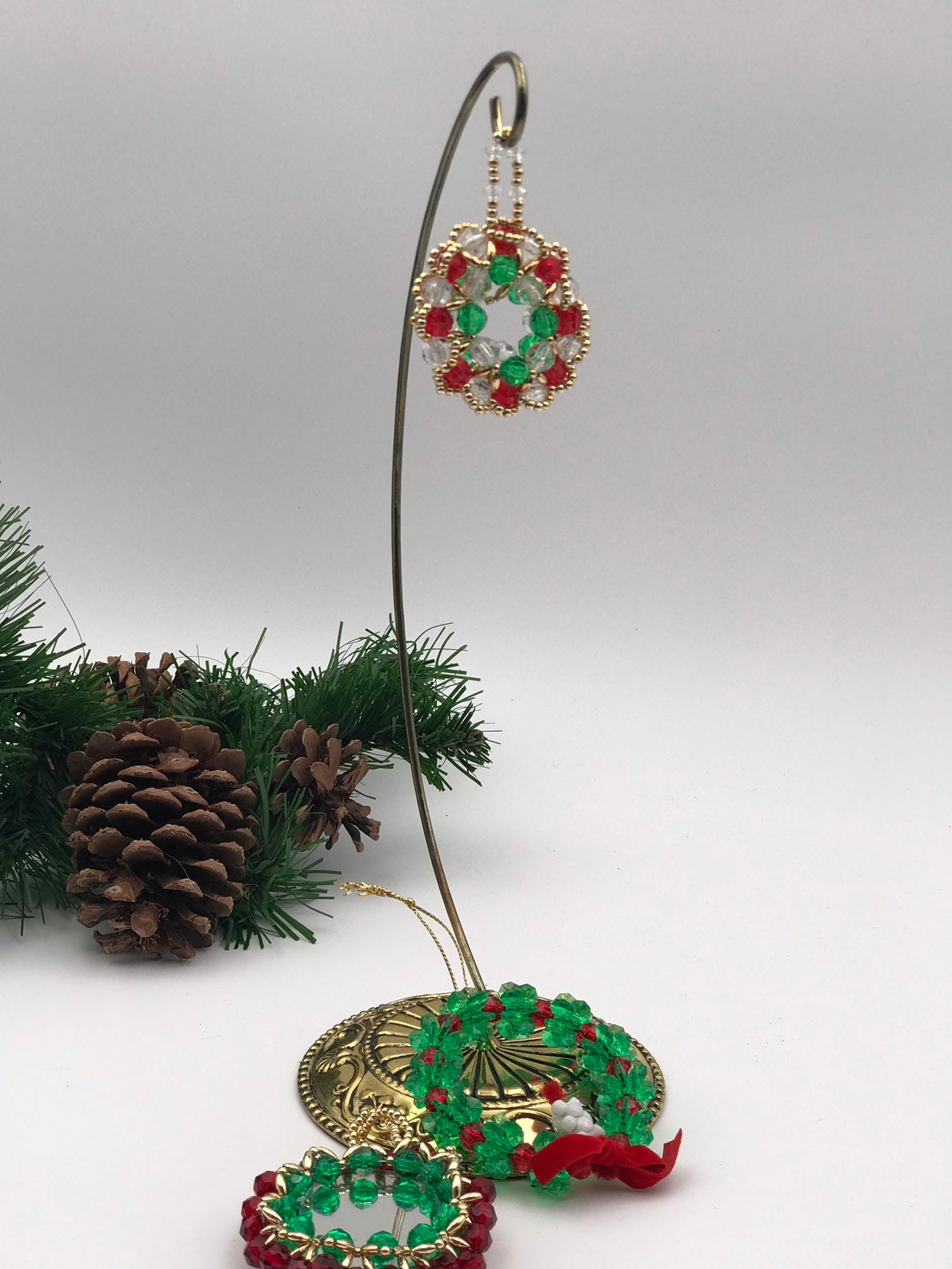 Vintage Beaded Christmas Ornaments, set of three 1970s Beaded Christmas