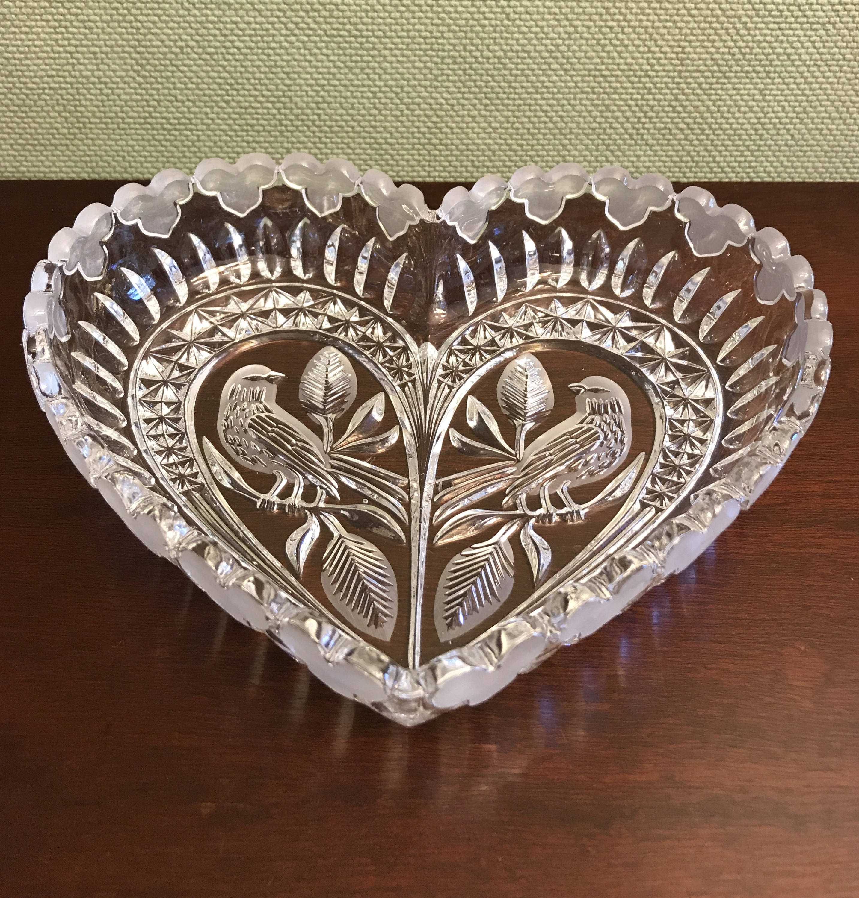 Vintage Heart shaped Crystal Bowl, Hofbauer Byrdes Birds pattern, two