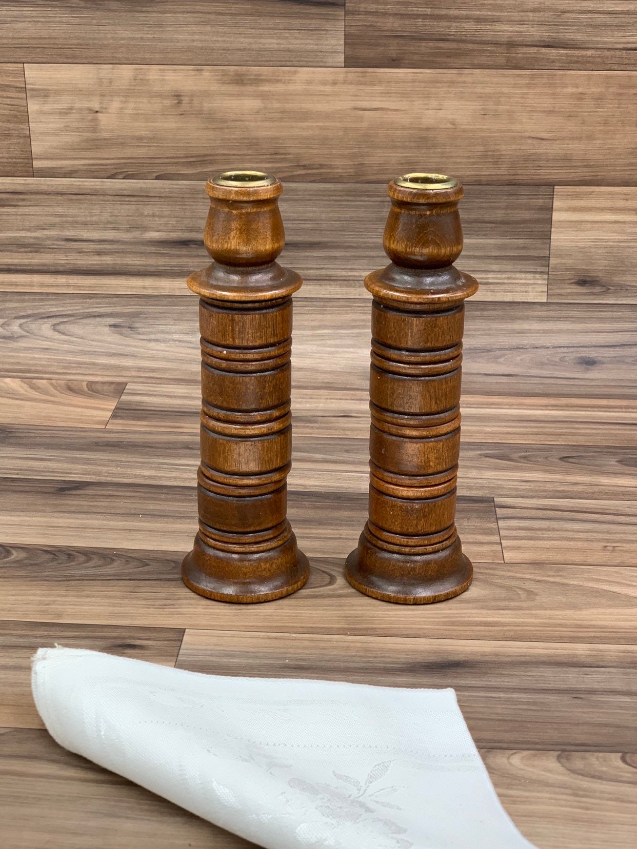 Vintage Wood Candlesticks with matching Wood Napkins rings, Rustic Home