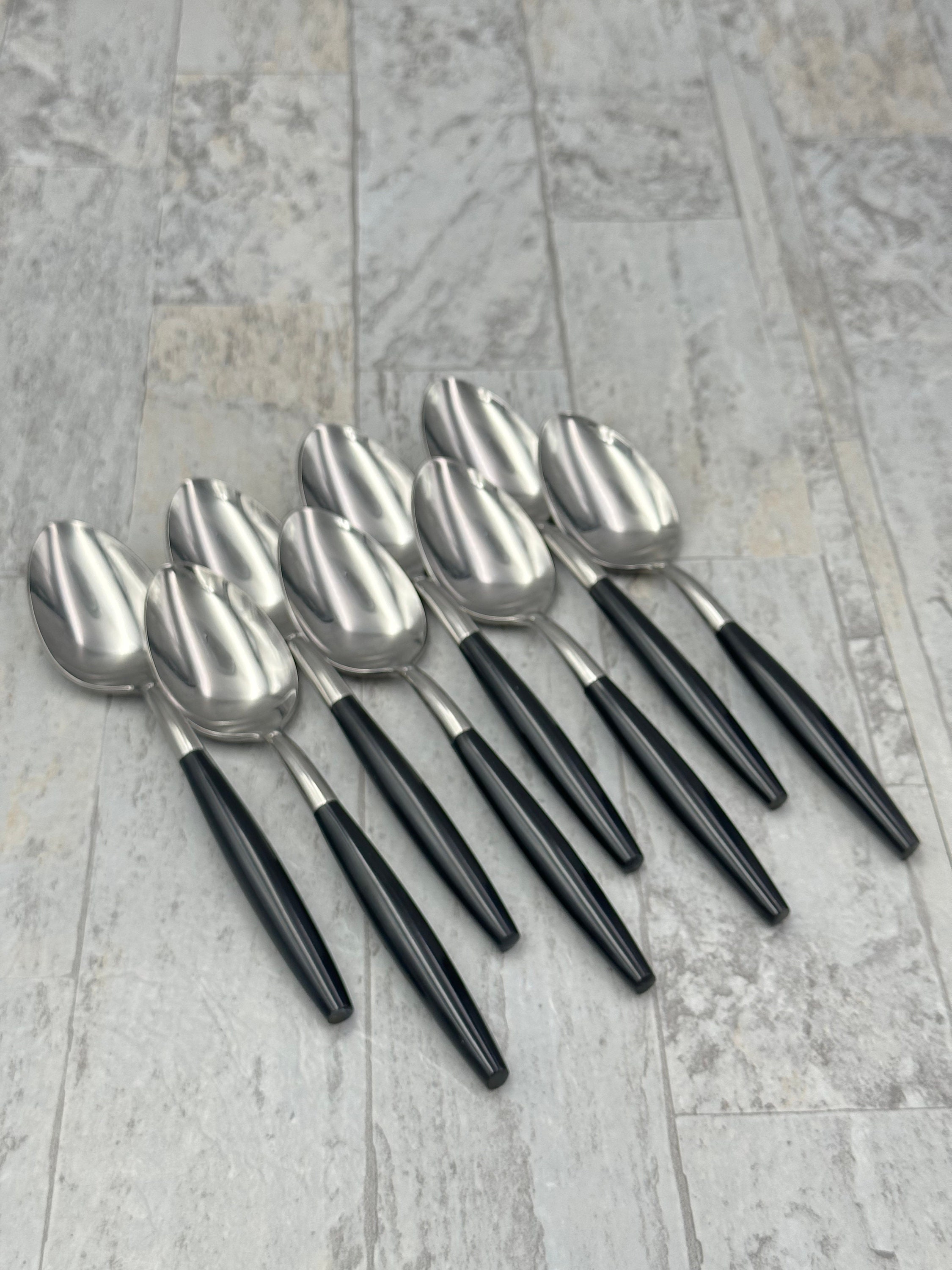 RARE Vintage Flatware Set, Forged Stainless With Black Handle, Service for  8, Vintage Silverware Set, MOD Danish Modern 