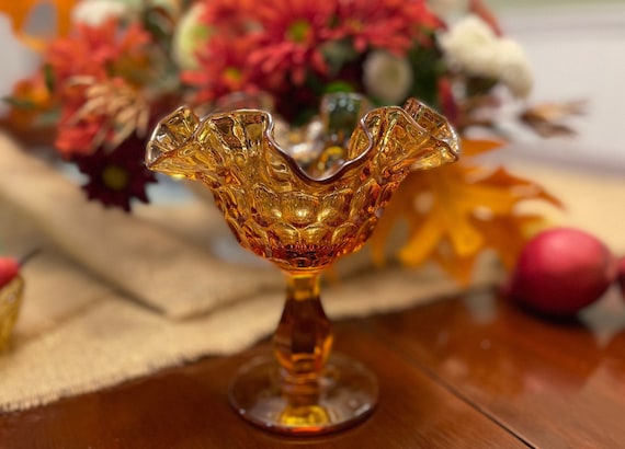 Vintage Amber glass compote, Fenton thumbprint colonial amber pattern, pressed pattern glass