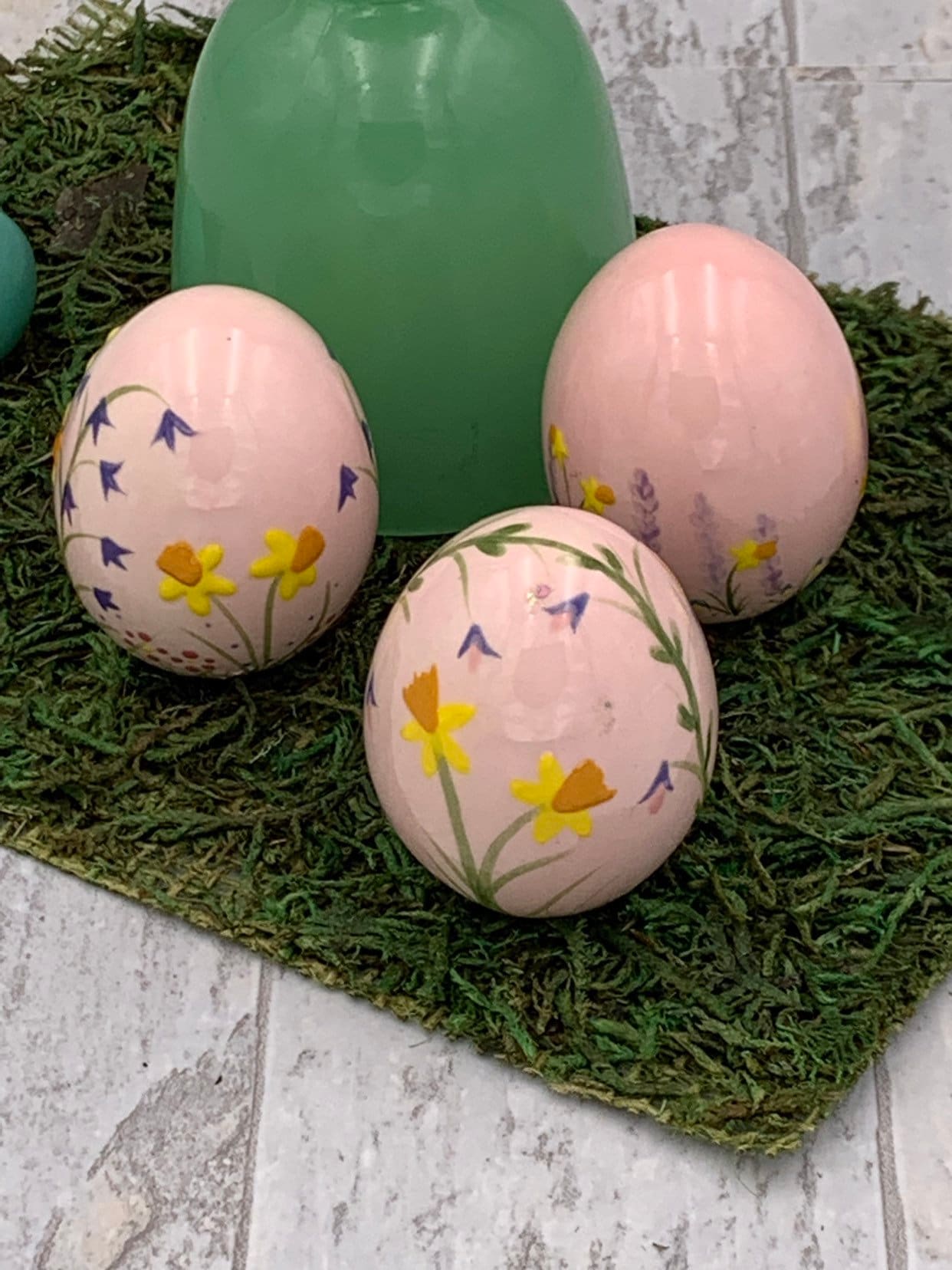 Vintage hand painted ceramic Easter Eggs, 3 pink floral Easter