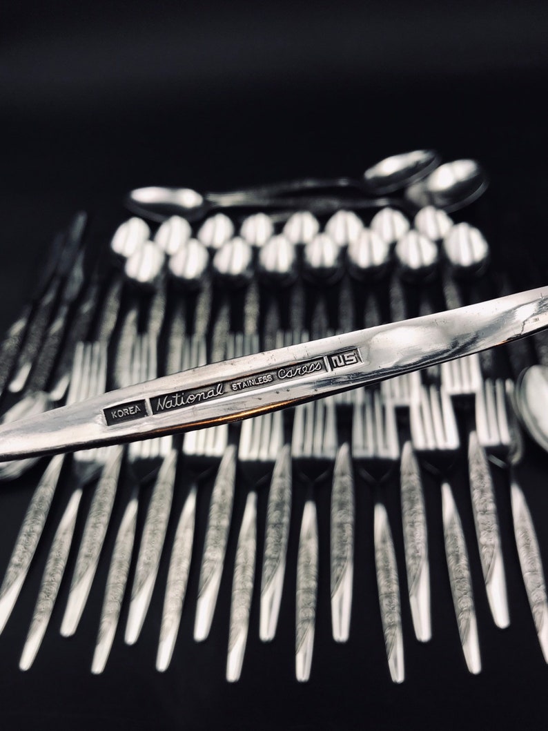 Vintage Caress by National Stainless Flatware set Vintage Silverware chest service for 8 glossy Stainless Floral embossed silverware