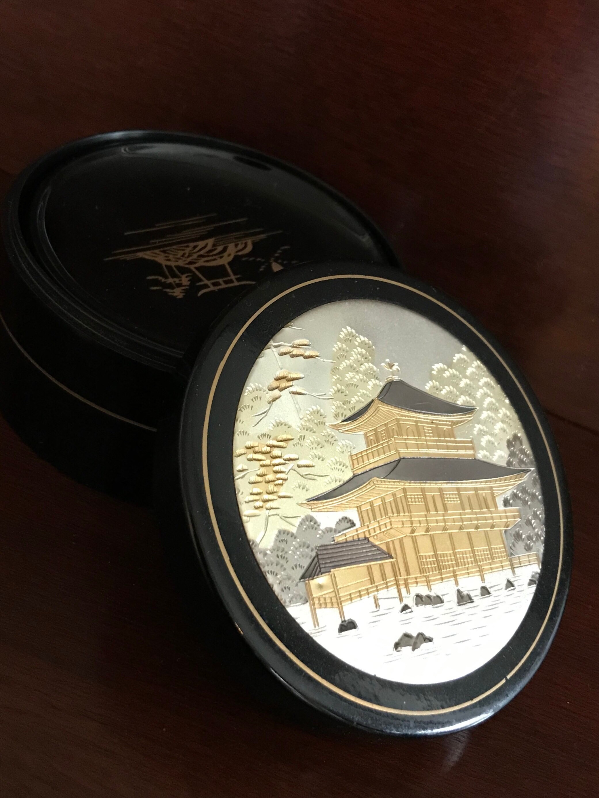 Asian Coaster set, Japanese Coasters in case, etched metal lid, set of