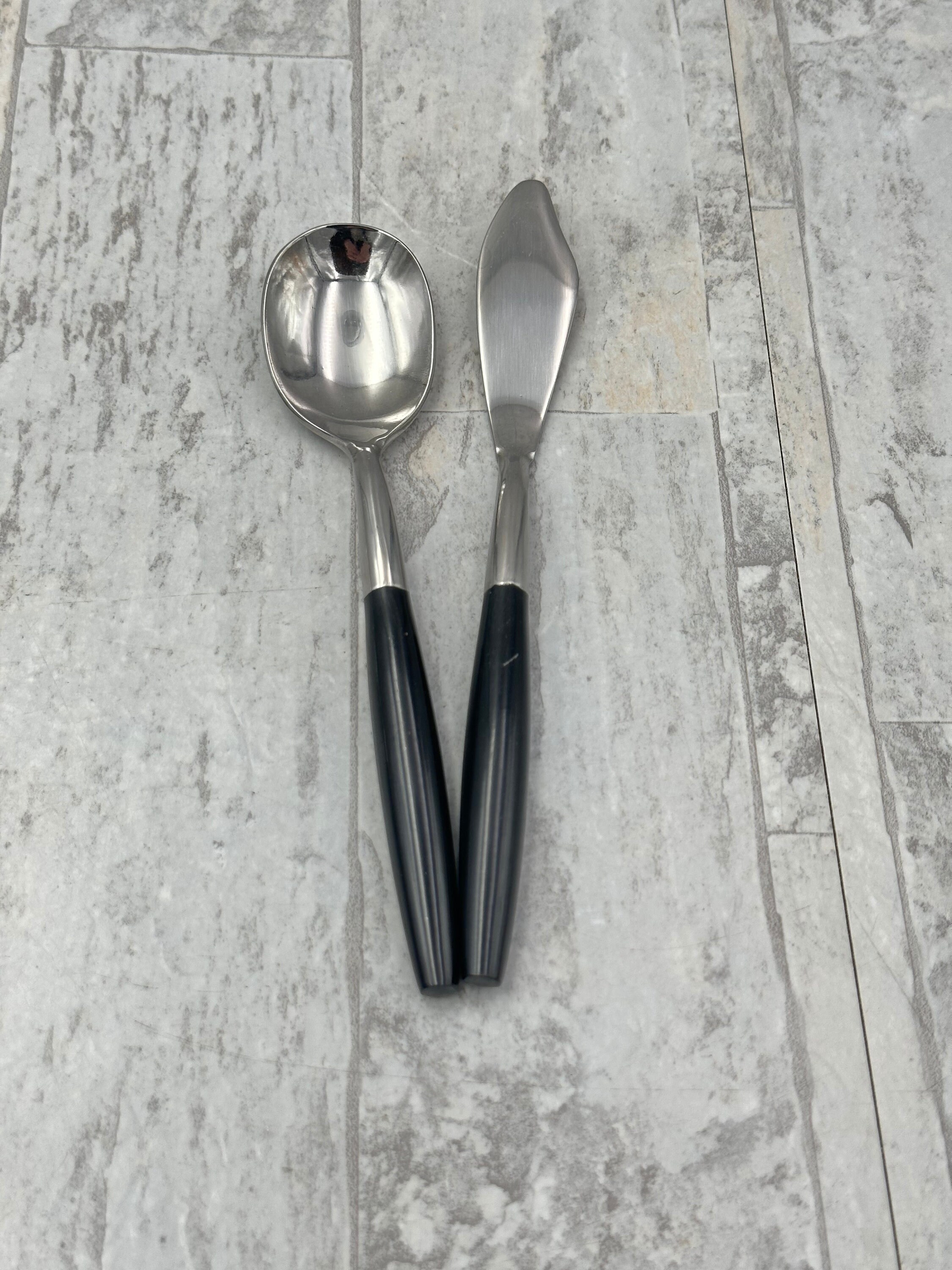 RARE Vintage Flatware Set, Forged Stainless With Black Handle