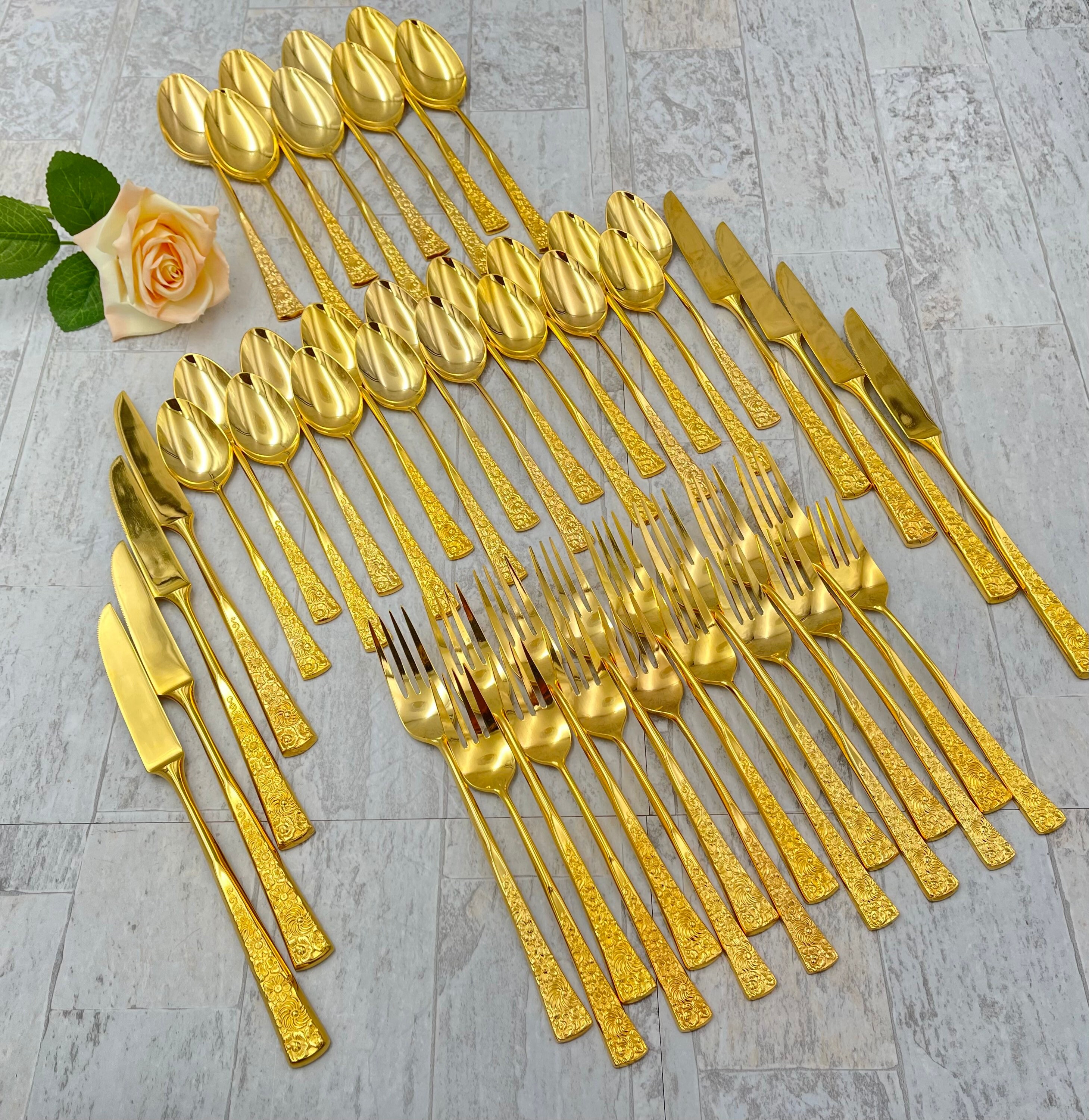 Vintage Gold Flatware set, Floral Garden Silverware, service for 8
