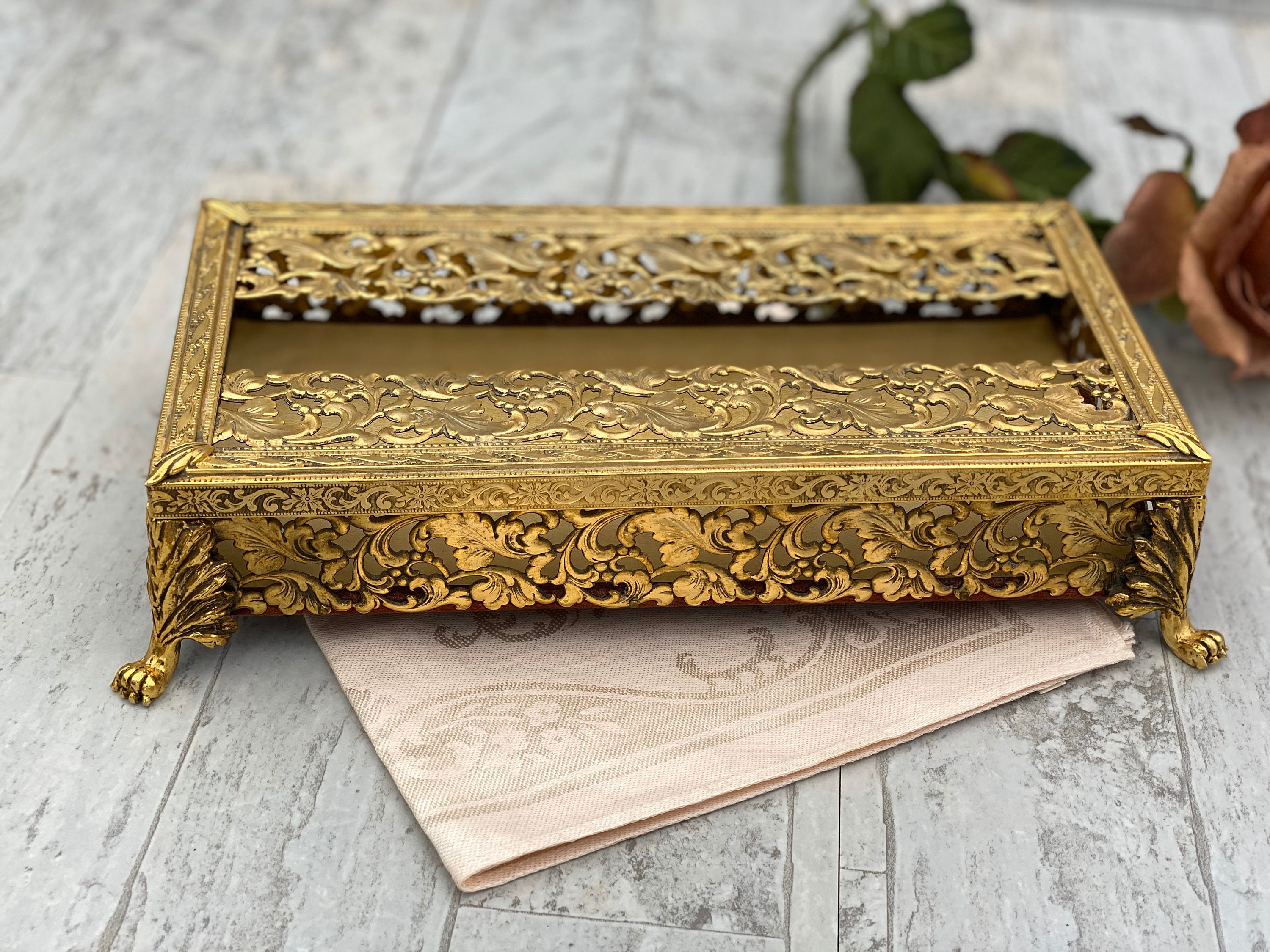 Vintage Gold Ormolu Tissue Box, Hollywood Regency, Bathroom Organizer