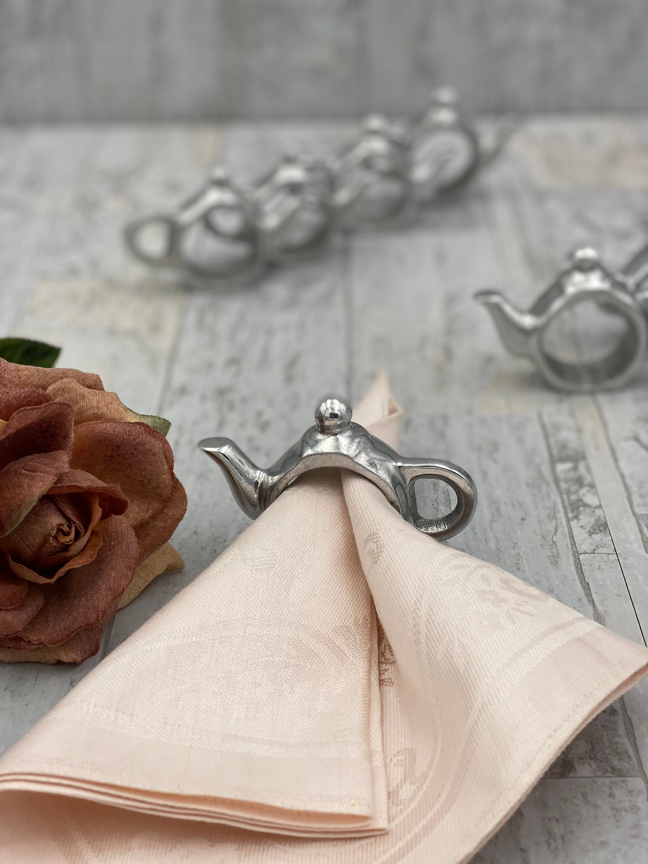 Teapot Napkin Rings, Figural Napkin Holders, 8 piece set, Tea party