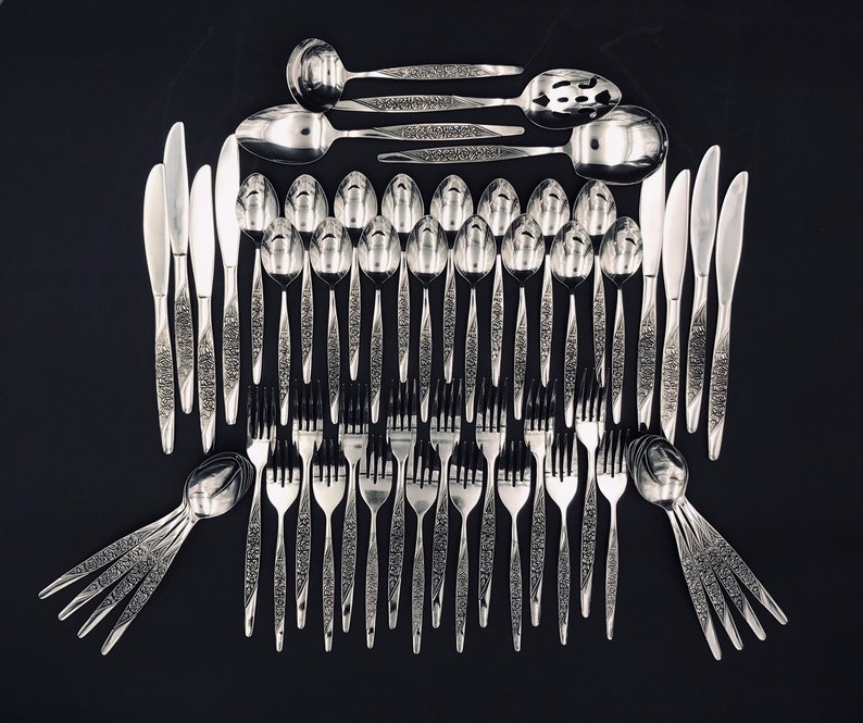 Vintage Caress by National Stainless Flatware set Vintage Silverware chest service for 8 glossy Stainless Floral embossed silverware