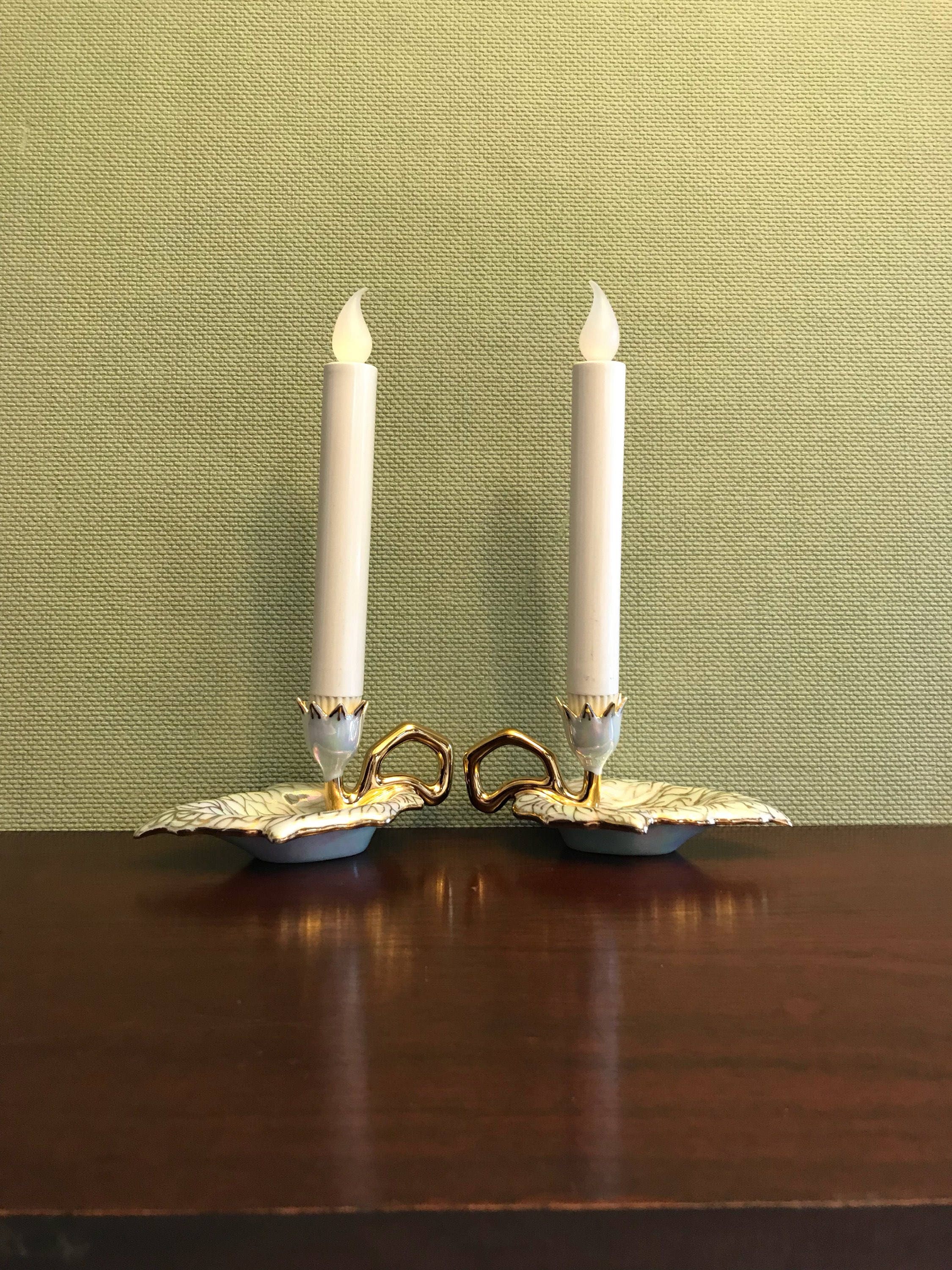 Vintage Handpainted Candlestick Holders, Porcelain iridescent Lotus