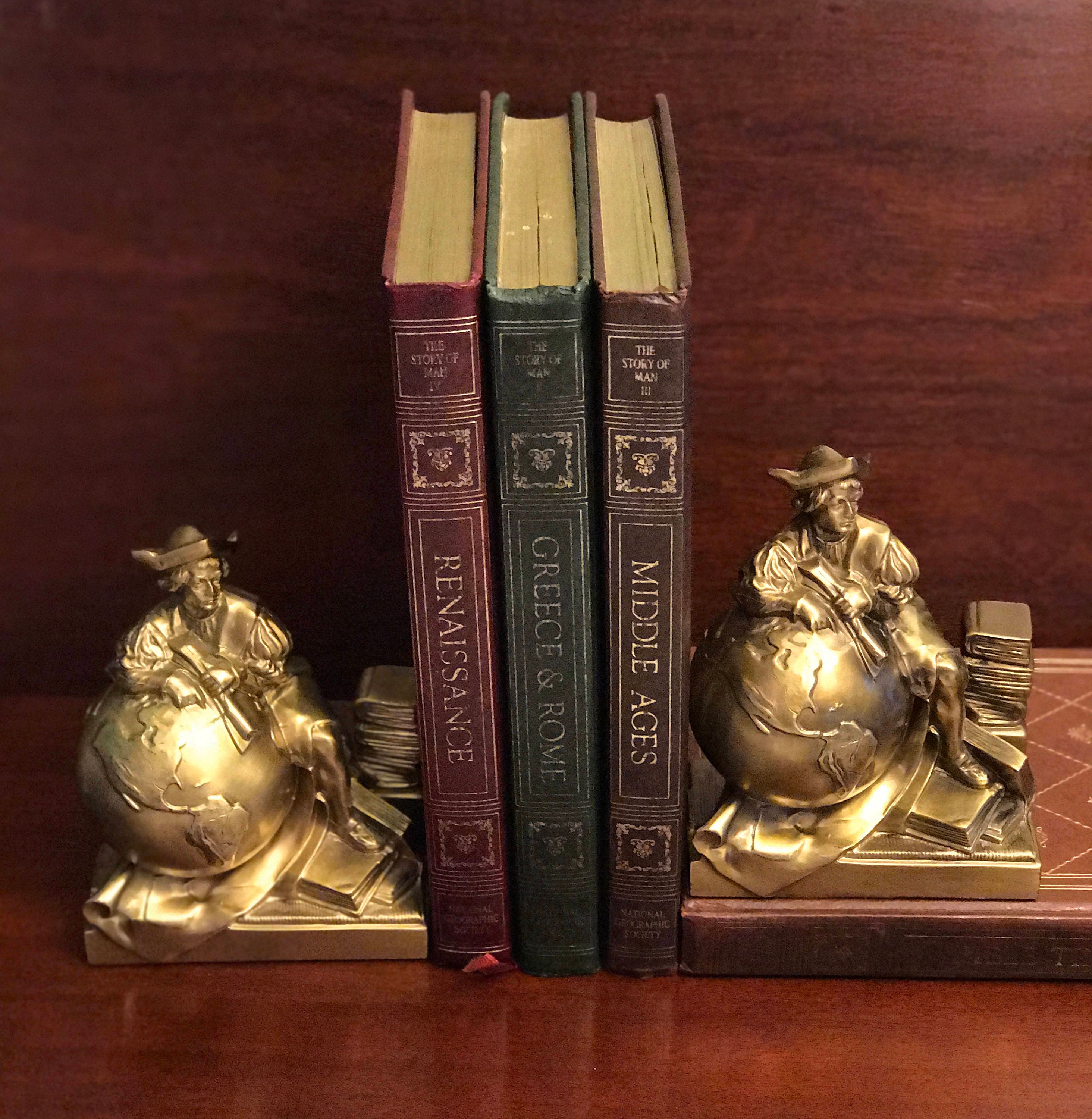 Vintage Bronze Bookends of Columbus and Globe, PM Craftsman Bookends