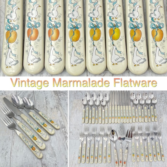 Vintage Flatware Set, Fruit and Goose Stainless Steel Plastic handles, Service for 8, Rustic Farmhouse Home decor, Country Kitchen