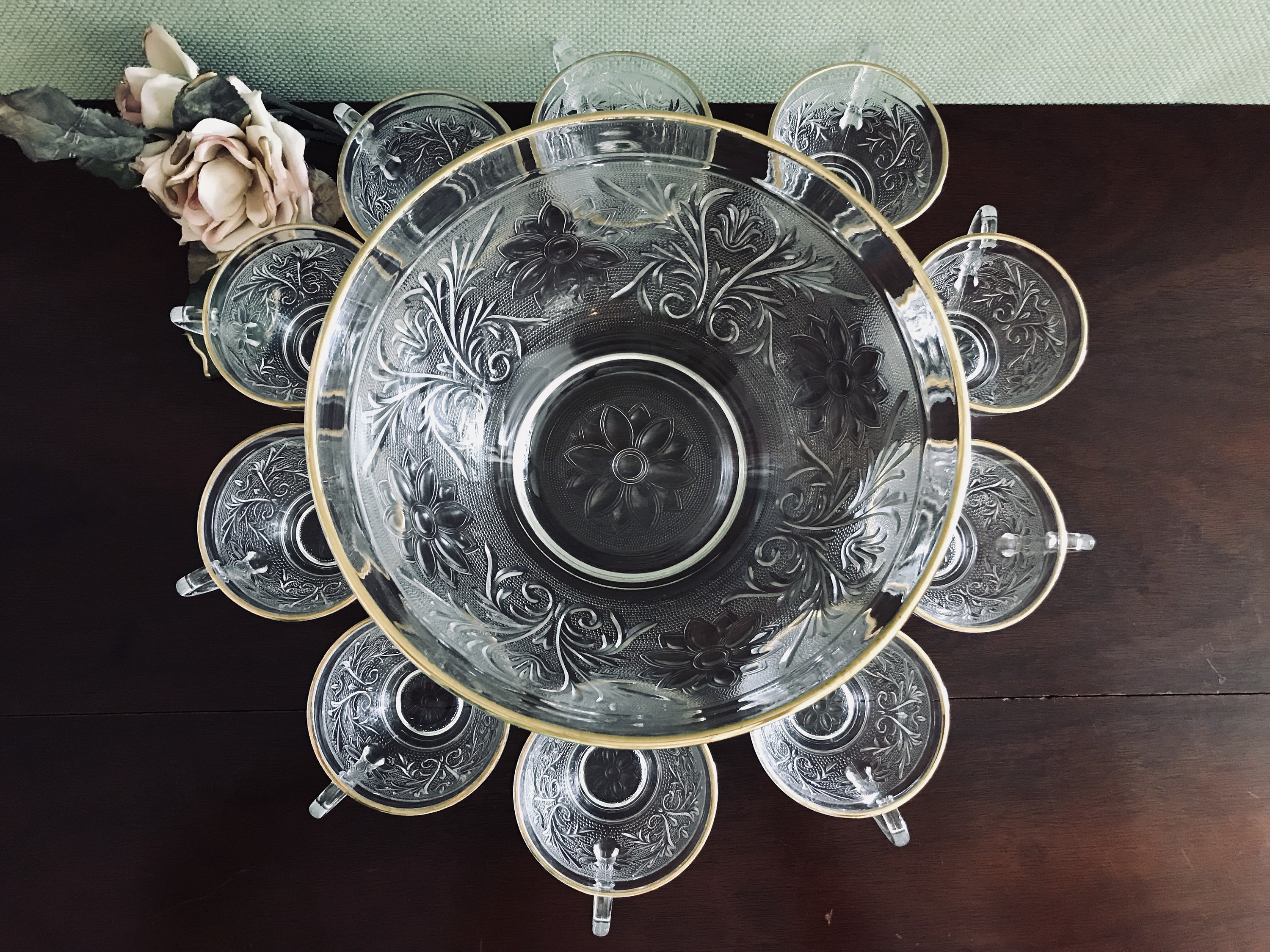 Vintage Sandwich Glass Punch Bowl and matching Glasses, Sandwich clear