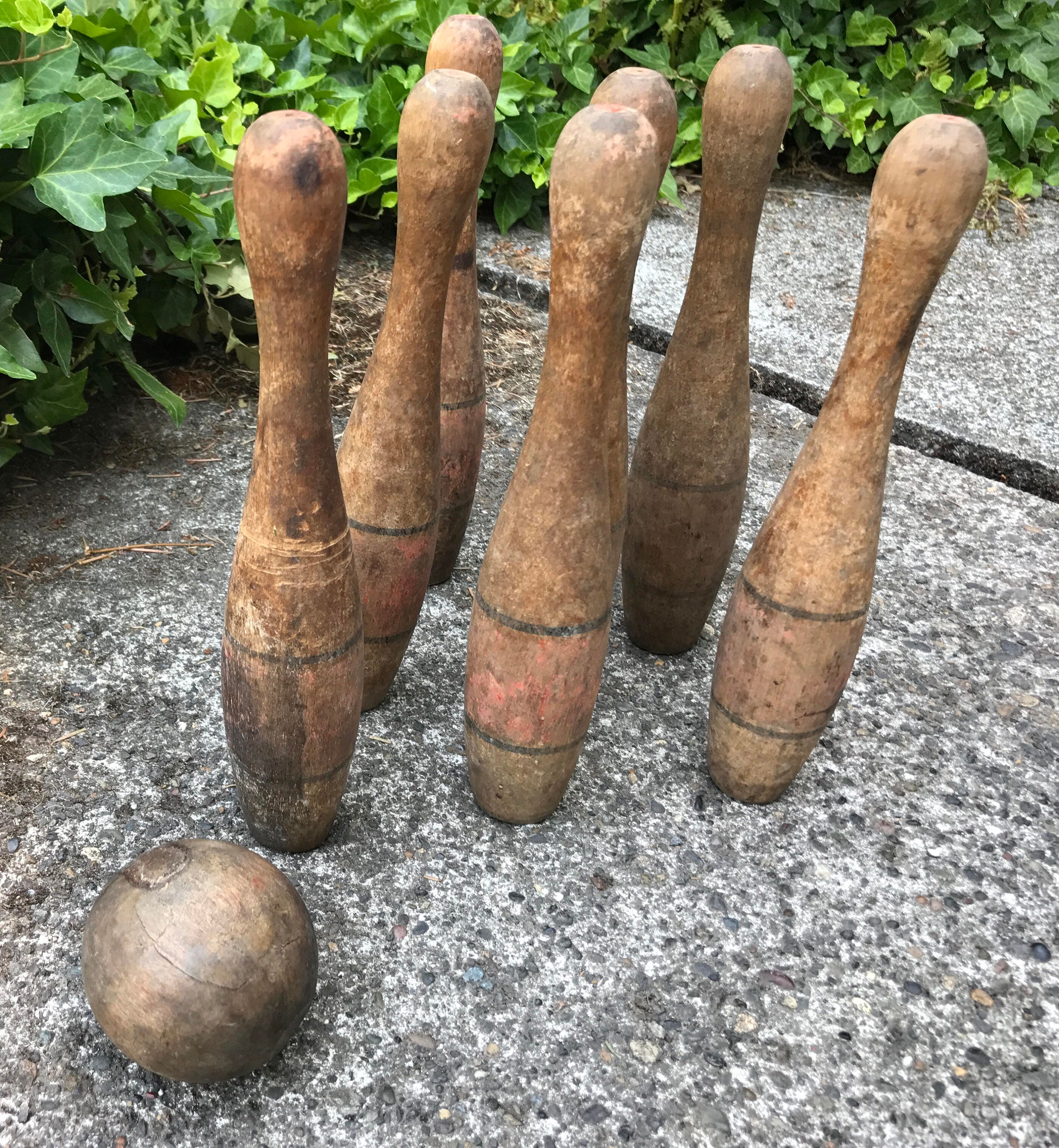 Vintage Wooden Bowling game, game of ten pins, Turned wood pins and ball, vintage lawn game