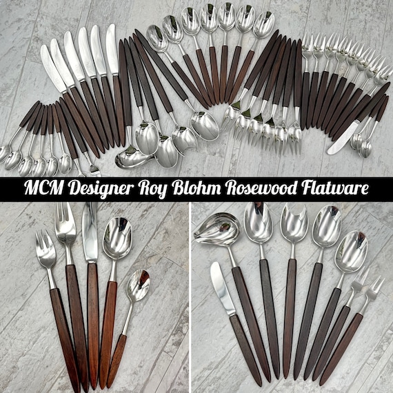 RARE Roy Blohm Designer Flatware set by Brodrene OYO Norway, service for 6, MCM Rosewood silverware 1960s Vintage