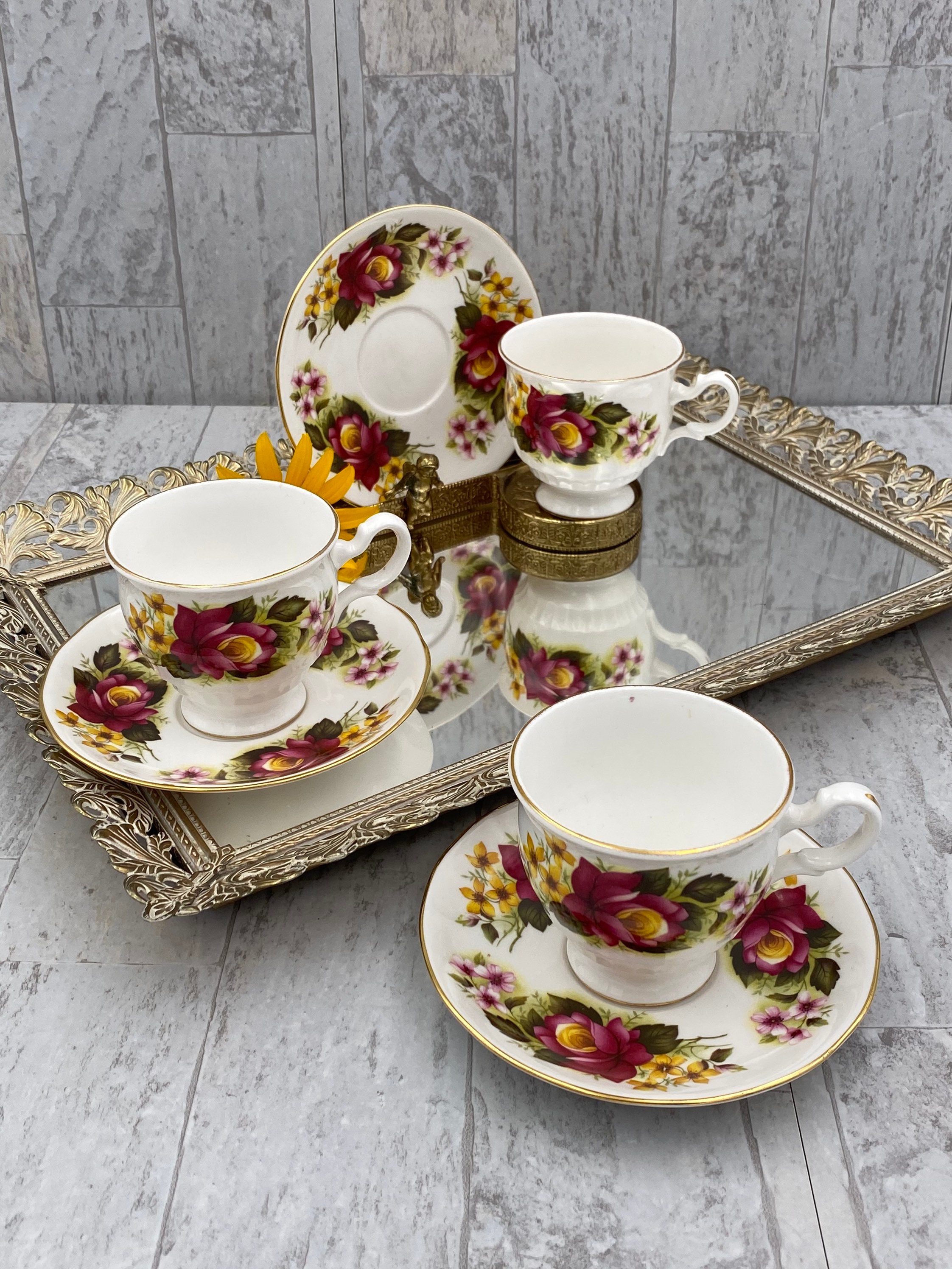 Vintage Floral Teacups, set of 3 Royal Kent Bone China Tea cup and saucers, footed Tea cups