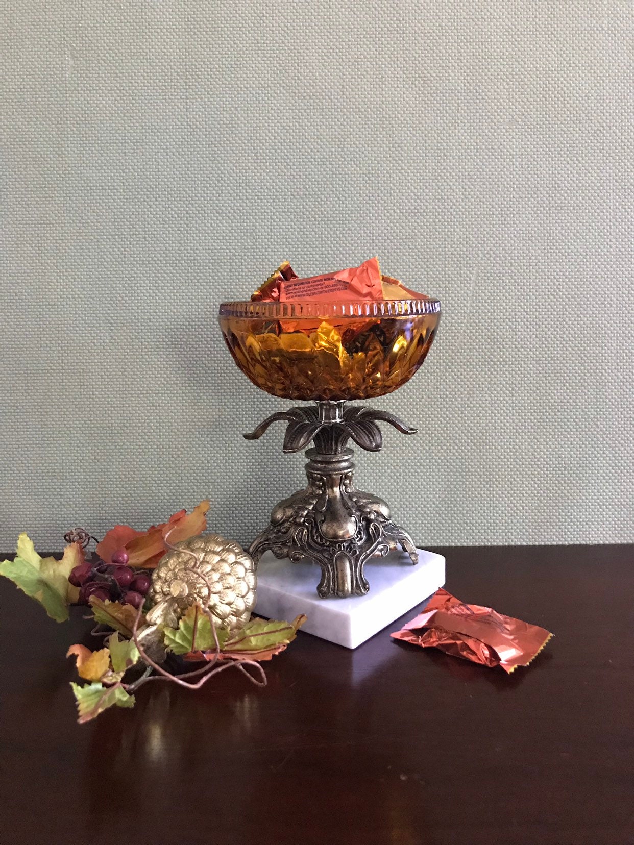 Hollywood Regency Candy Dish, Pressed Amber glass Candy dish on Marble