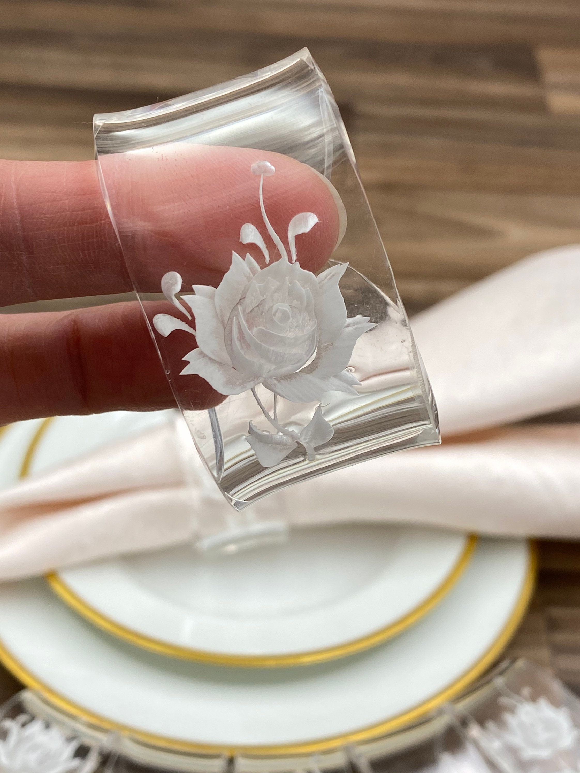 Vintage Lucite Napkin Rings with reversed carved Roses, Set of 6, Table