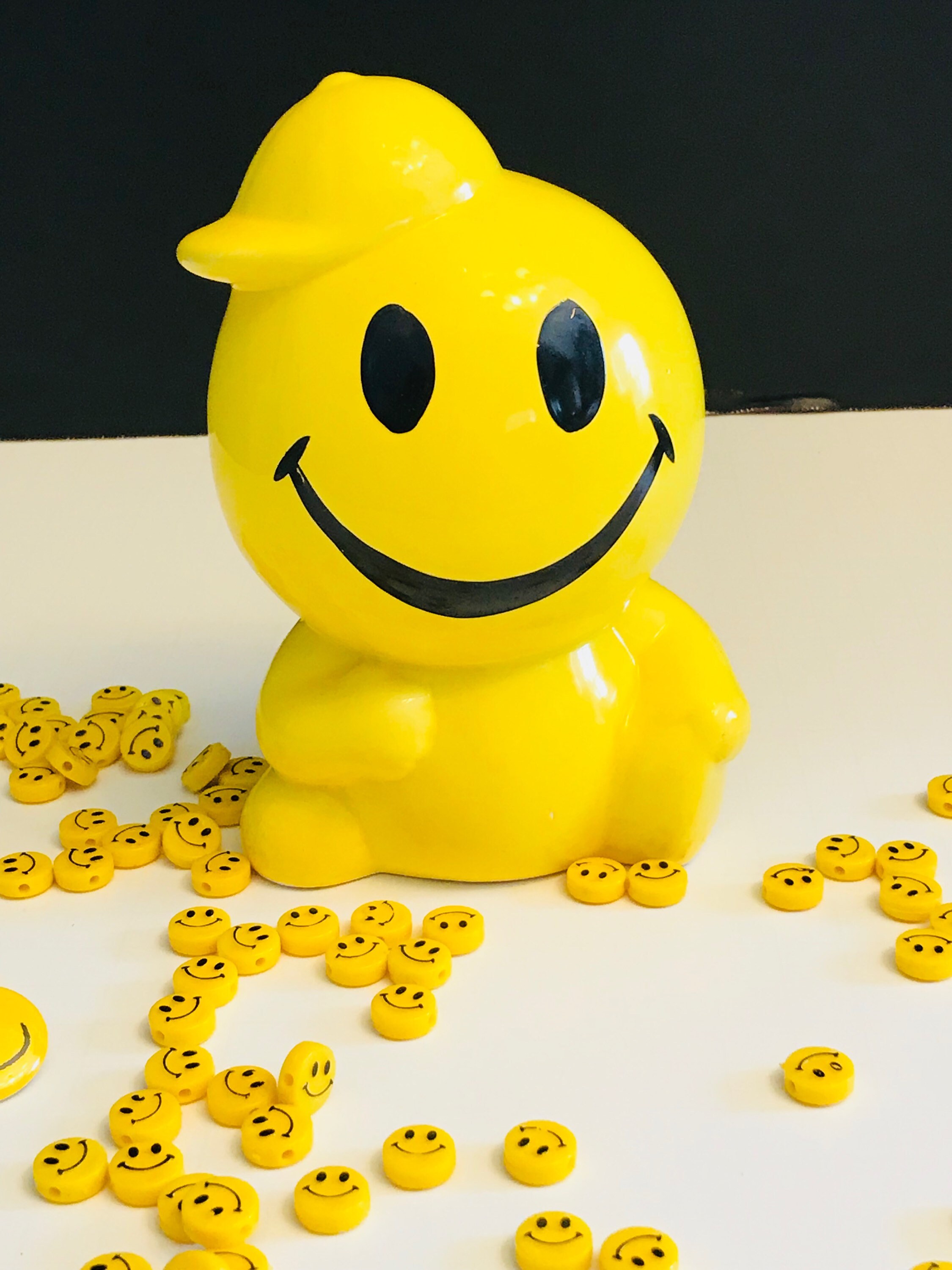 Smiley Face Bank with Baseball Cap, Vintage smiley face coin bank, Ceramic bank, Happy face bank