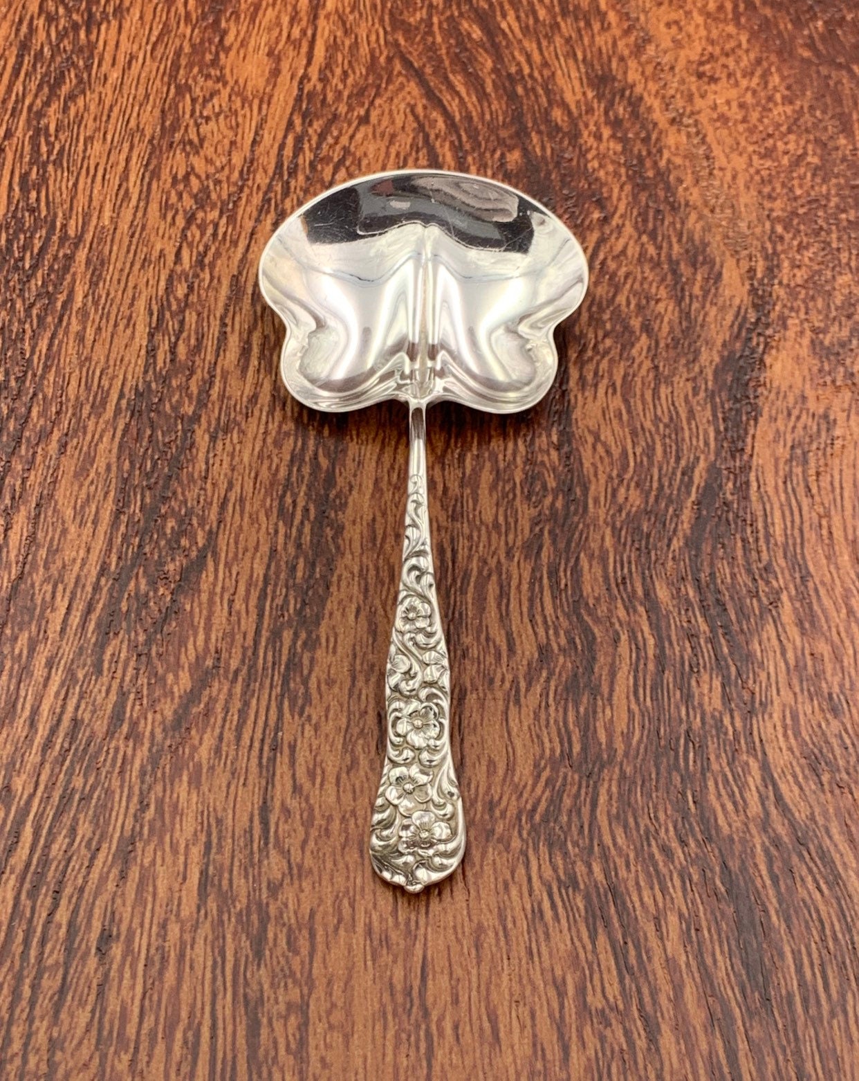 Antique Sterling Silver Bon Bon Spoon, 1888 ornate Floral handle