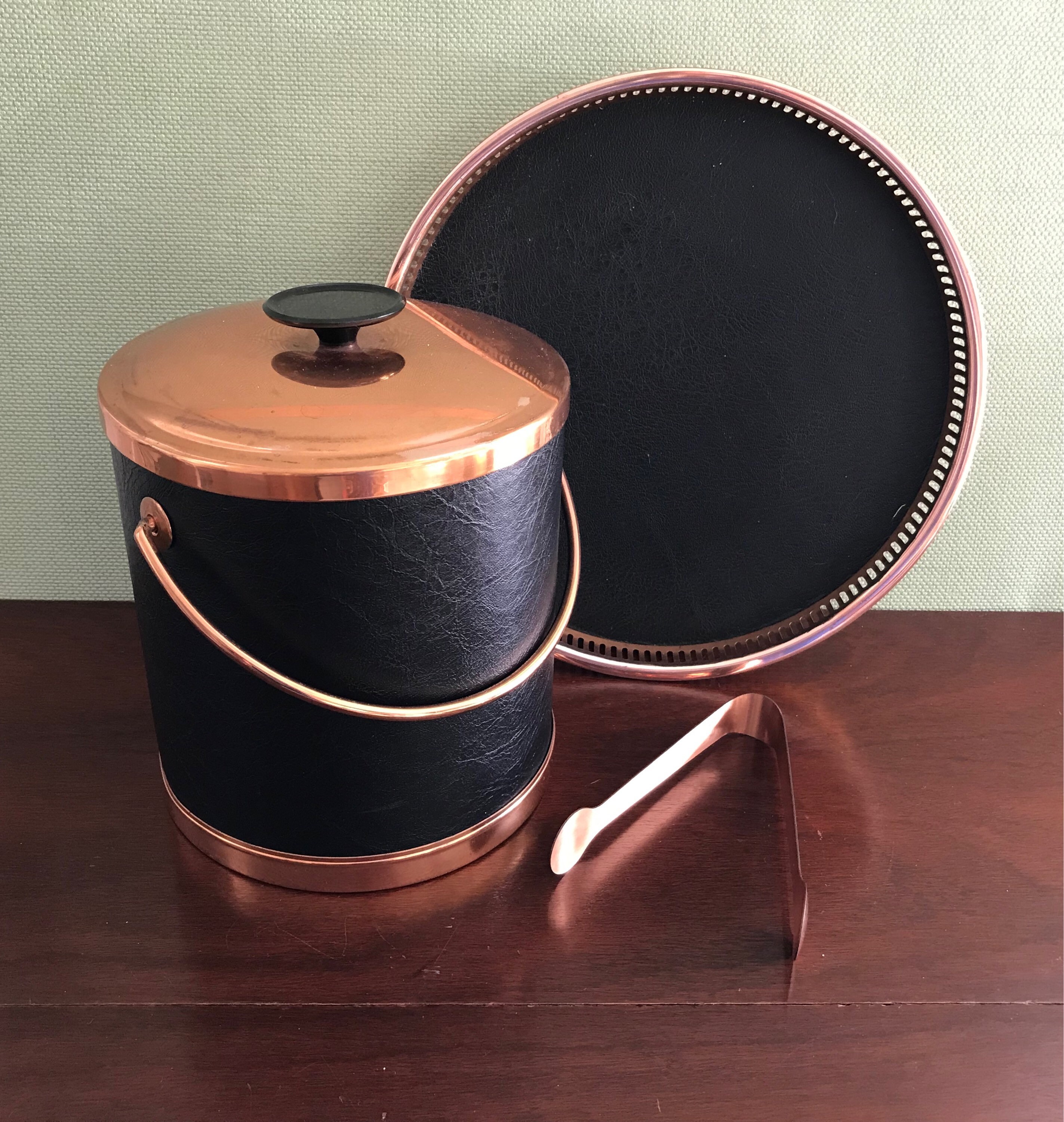 MCM Ice Bucket Black Leatherette Copper Ice Bucket Set Copper tray Mid