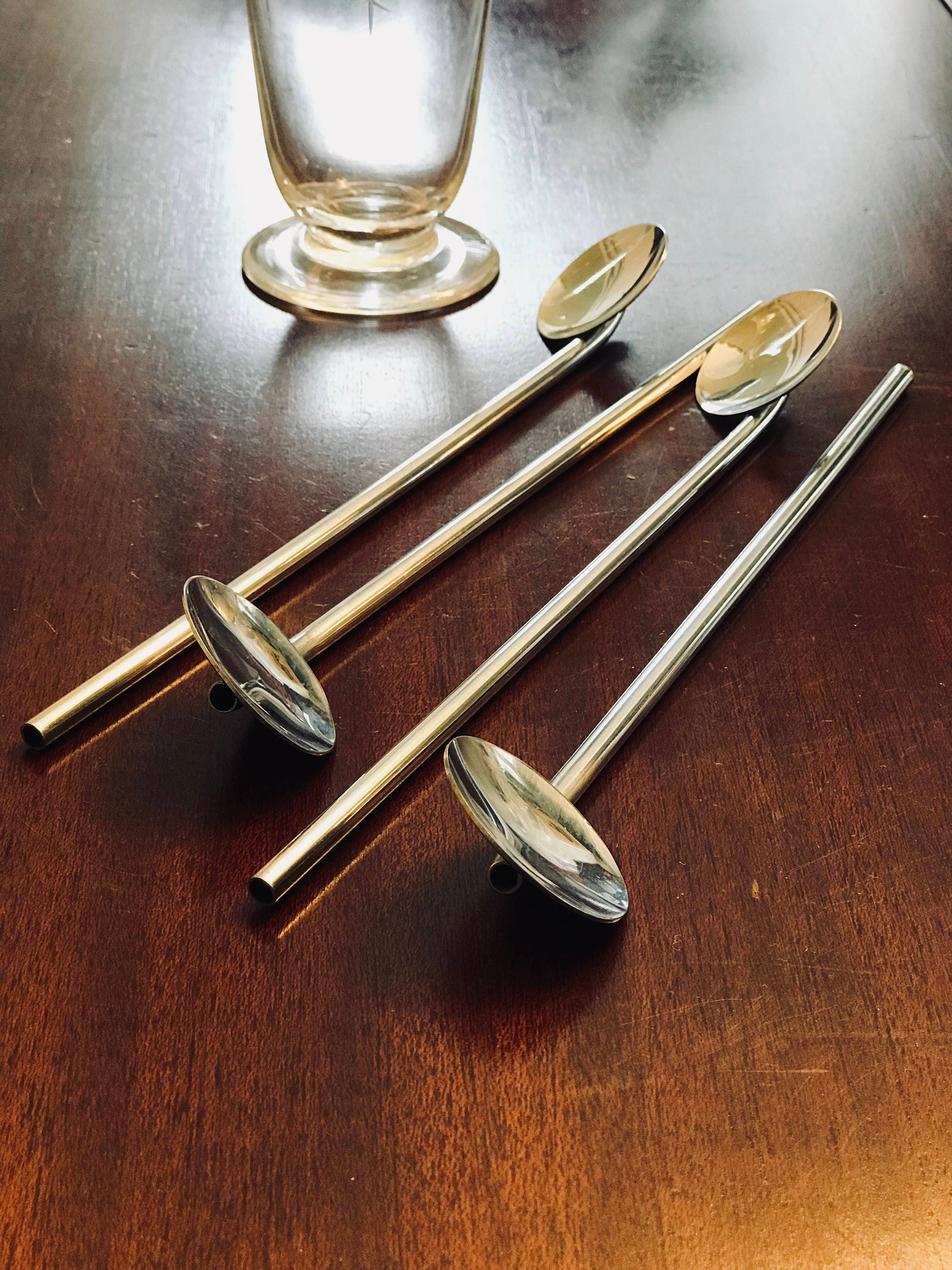 Vintage Drink Stir Stick Straws, Metal Swizzle Sticks, Chrome stir