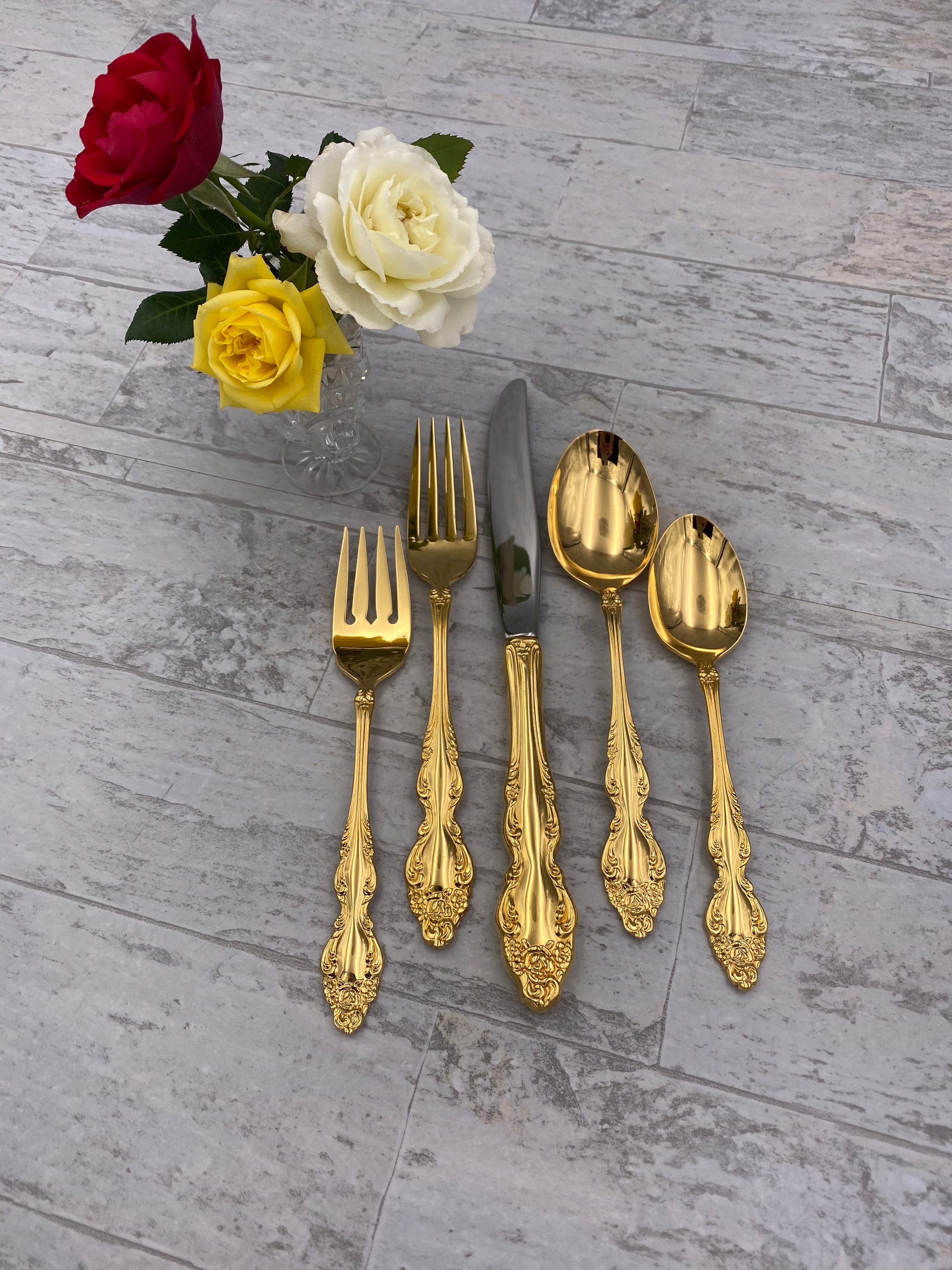 Vintage Gold Flatware set in Silverware chest, 1881 Rogers Golden