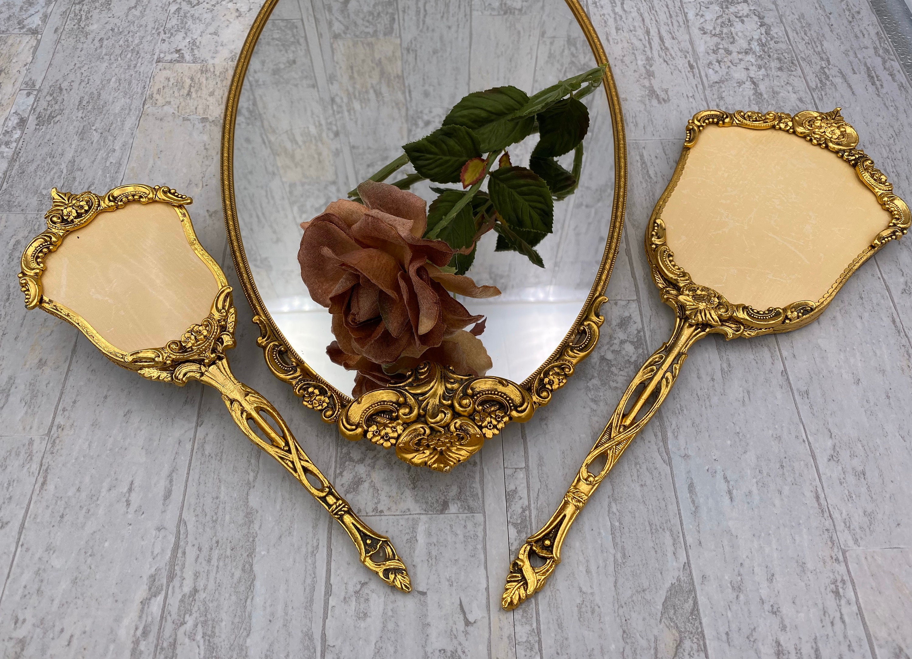 Vintage Vantity Set, Stylebuilt 24 kt Gold Plated Ormolu Dresser mirror Hand mirror Hair brush
