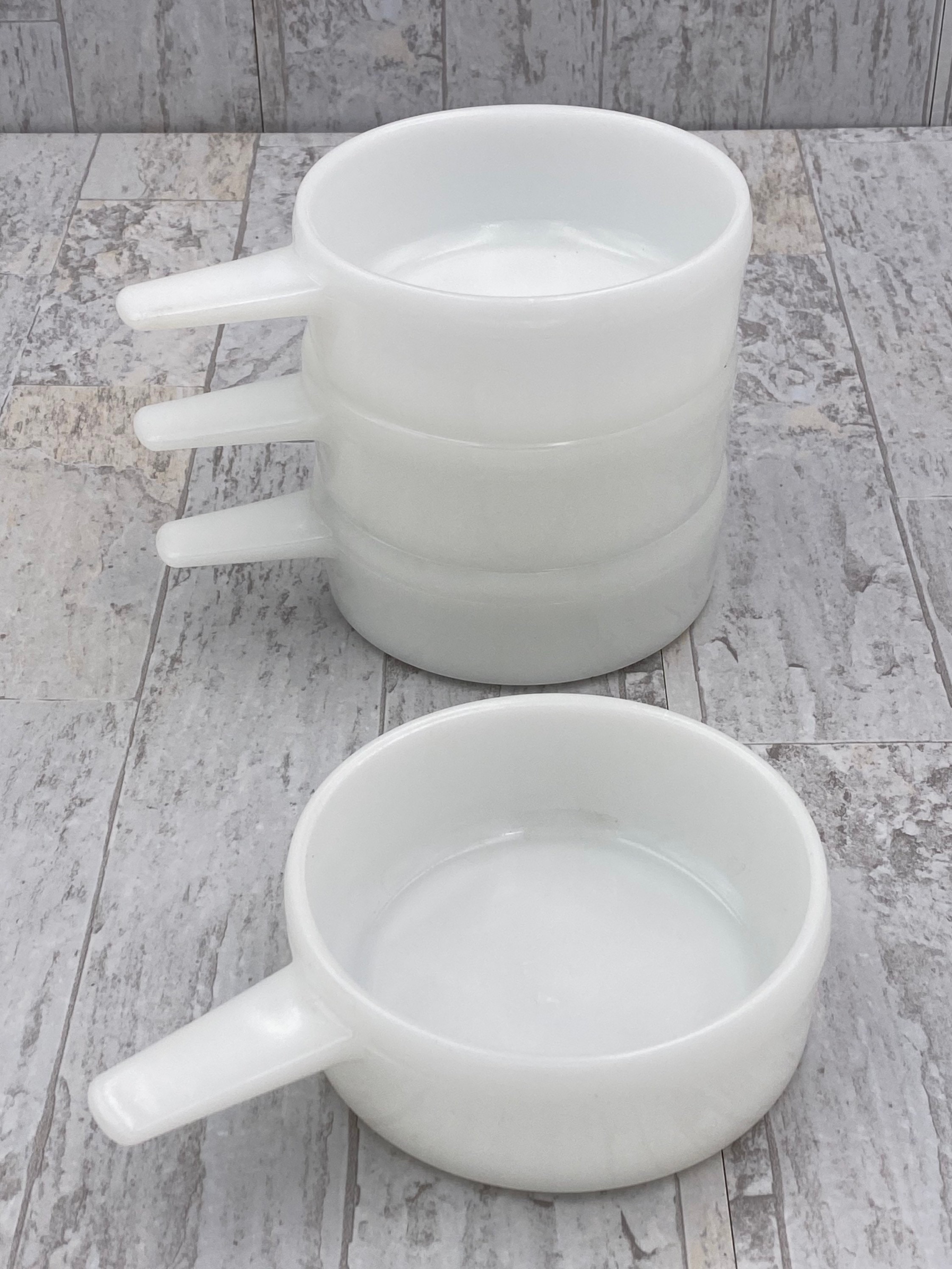 Glasbake handled Soup Bowls, Ovenware Dishes, Vintage milk glass