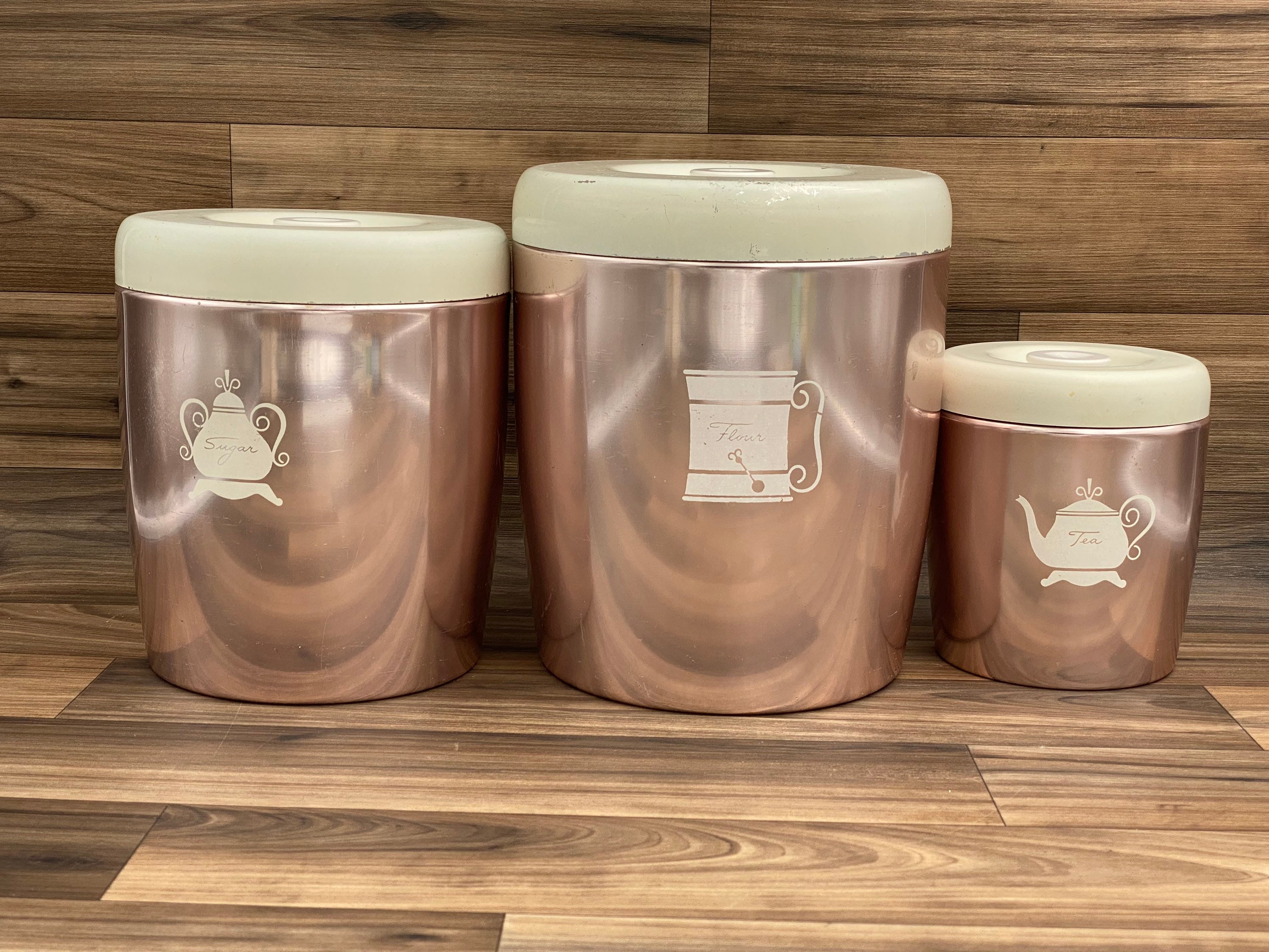 Vintage Tin Canister set, Rose copper Nesting Tin canisters, Kitschy