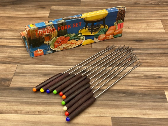 Vintage Fondue Forks Teakwood Danish Modern, Set of 10 fondue forks, Fondue Party forks, color dots