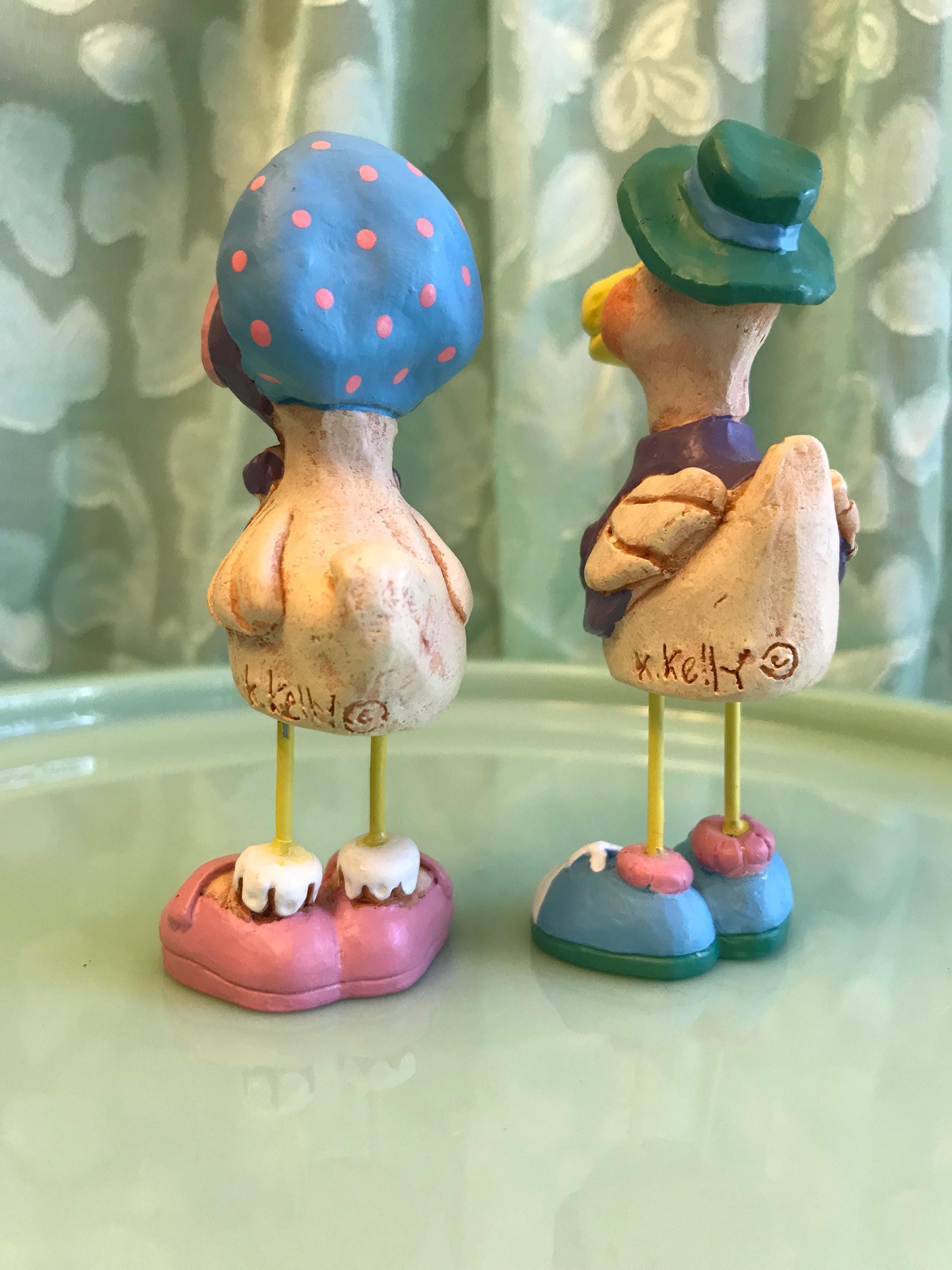 Vintage Duck Figurines, Anthropomorphic Duck couple, Kathleen Kelly signed ducks, Silly duck