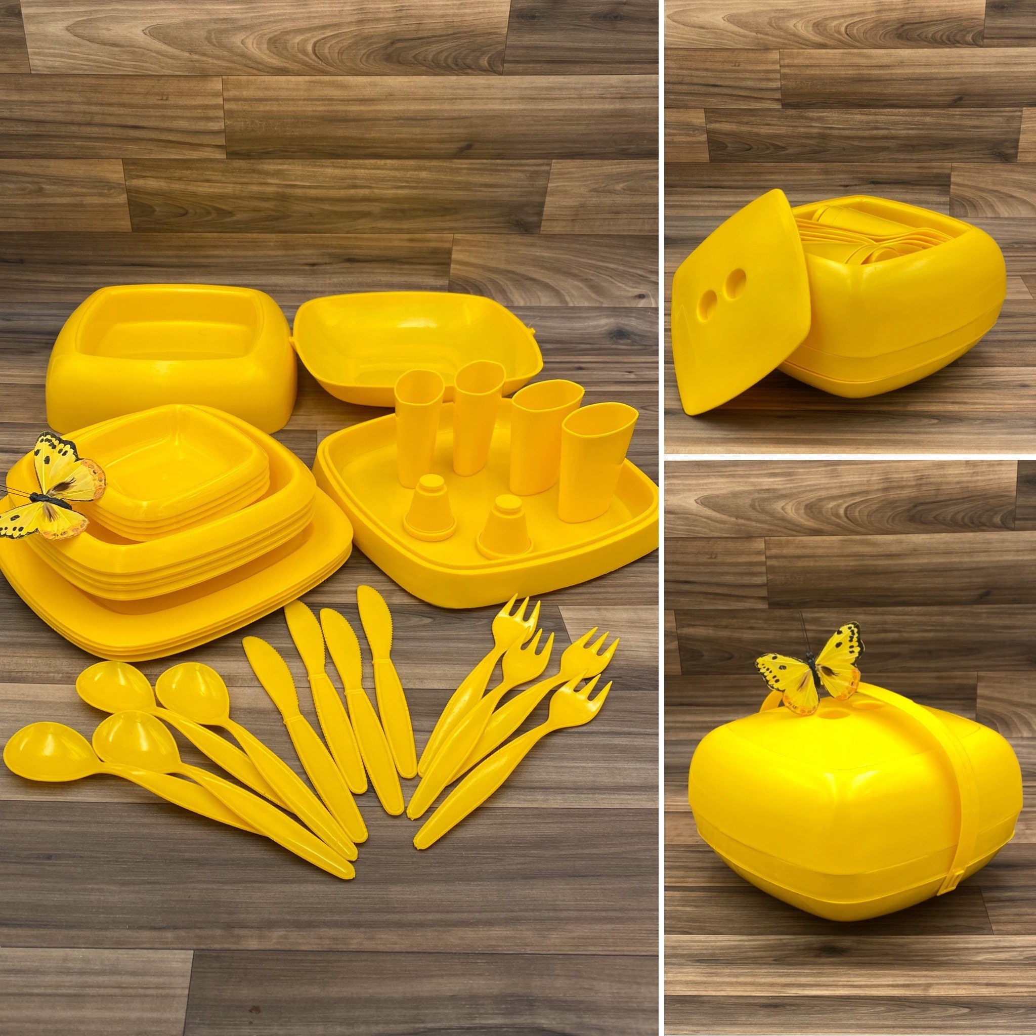 Vintage Plastic set, Picnic dishes in carrying case, service for 4